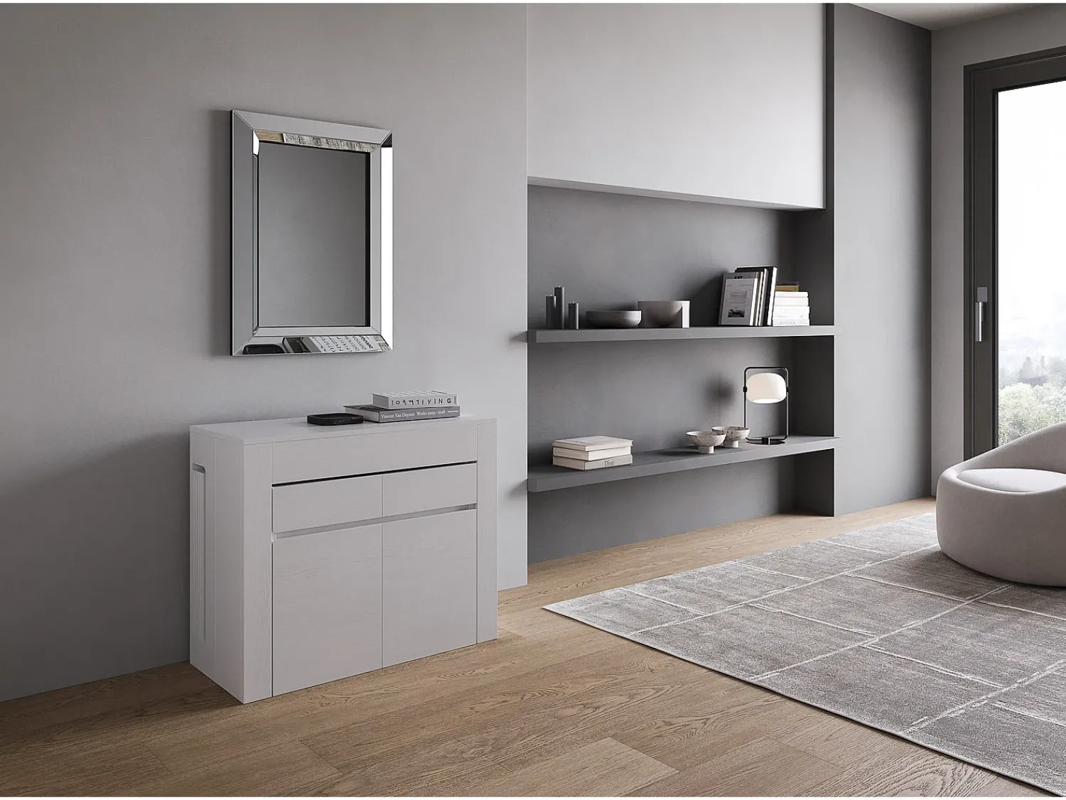 ITAMOBY Mesa consola extensível 90x42/302 cm Evolve Cinza Branca extensões internas com banco inferior e superior^ Consola