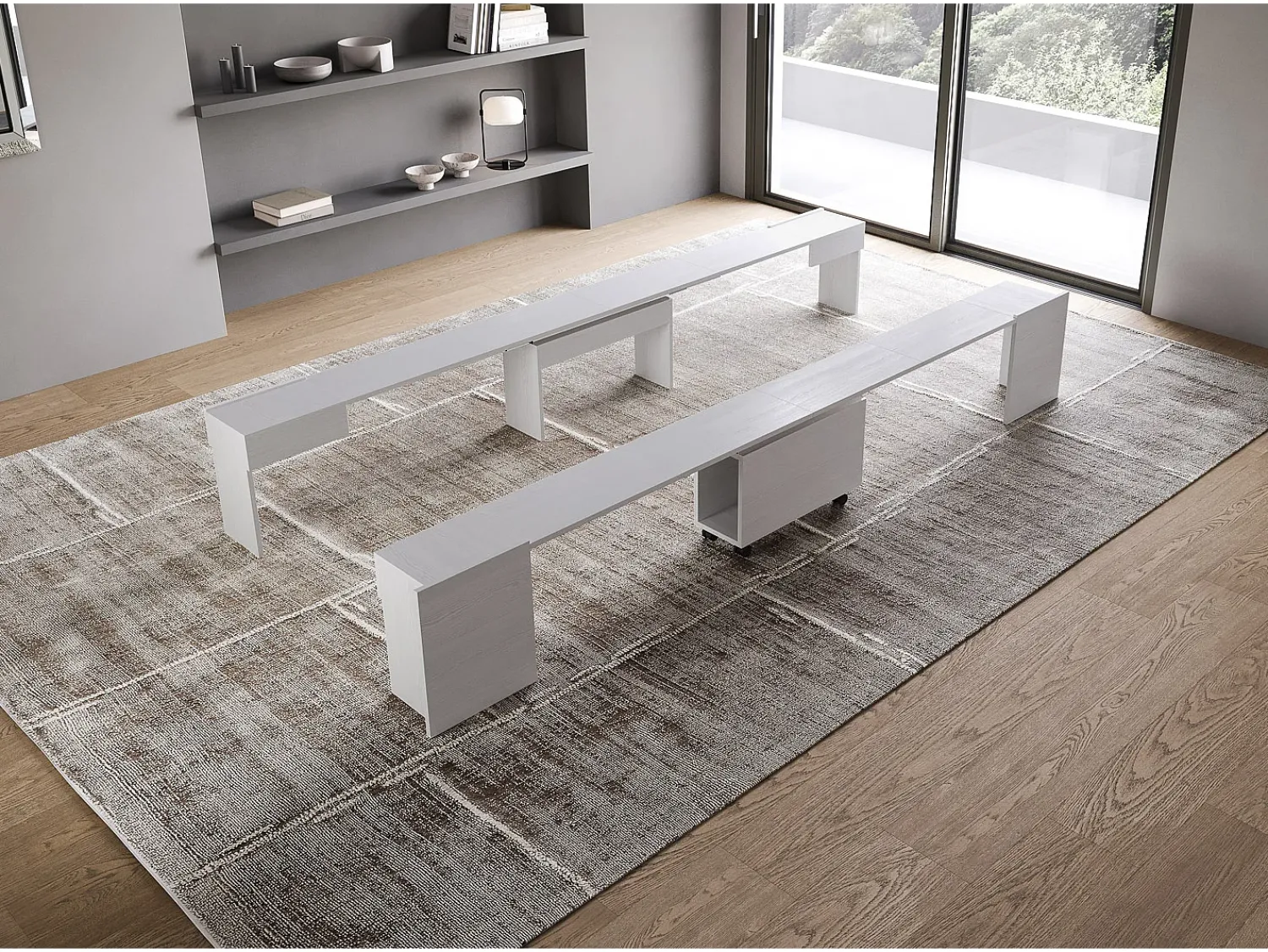 ITAMOBY Mesa consola extensível 90x42/302 cm Evolve Cinza Branca extensões internas com banco inferior e superior^ Consola