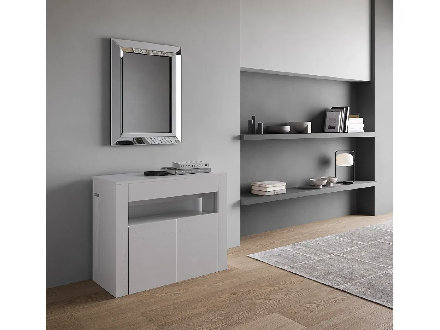 Consola*ITAMOBY Mesa consola extensível 90x42/302 cm Evolve Cinza Branca extensões internas com banco inferior Branco