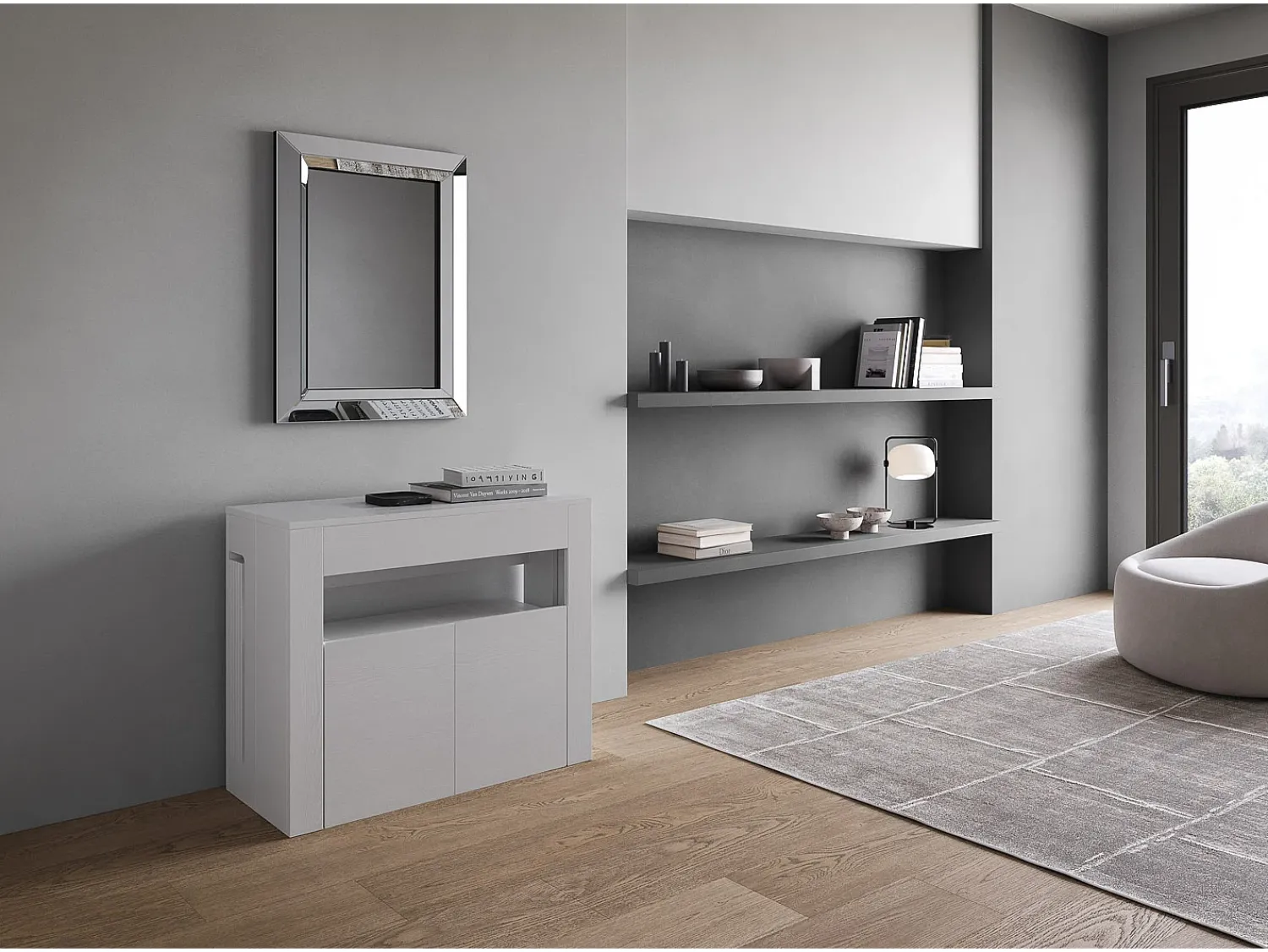 Consola*ITAMOBY Mesa consola extensível 90x42/302 cm Evolve Cinza Branca extensões internas com banco inferior Branco