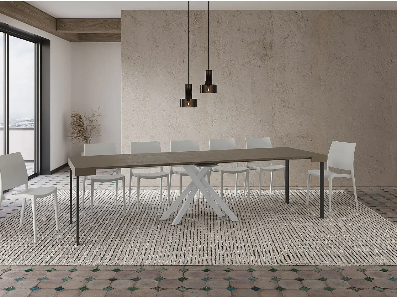 Consola*Ityhome Mesa consola extensível 90x40/300 cm Krack tortora pernas brancas Castanho