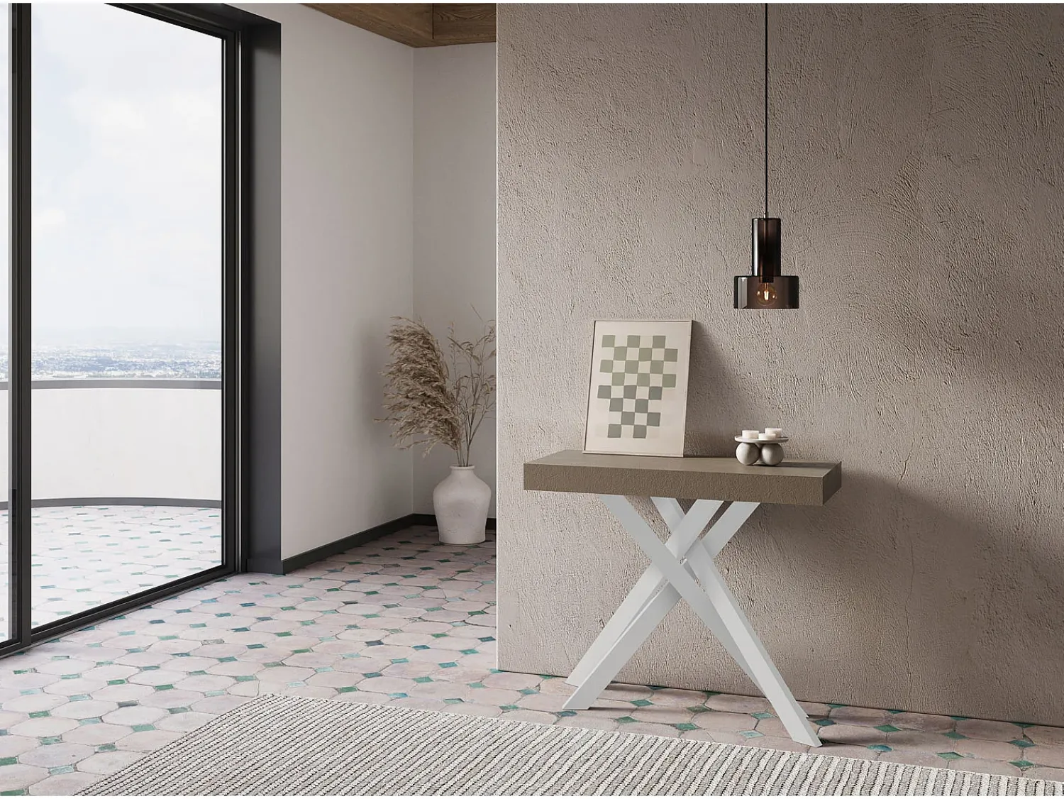 Consola*Ityhome Mesa consola extensível 90x40/300 cm Krack tortora pernas brancas Castanho