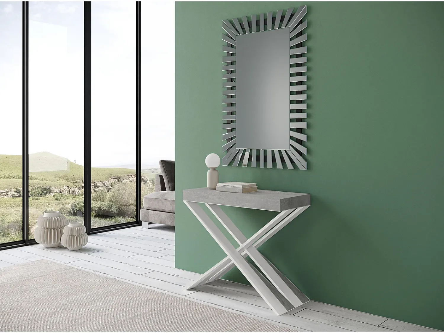 ITAMOBY Mesa consola extensível 90x40/196 cm Diago Small Cimento quadro Branco Cinzento