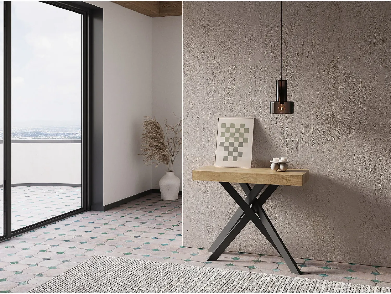 Ityhome Mesa consola extensível 90x40/196 cm Krack Small carvalho natural pernas antracite^ Consola