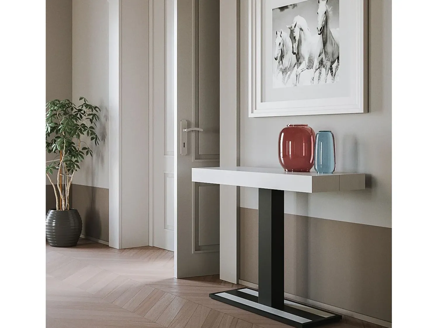 ITAMOBY Mesa consola extensível 90x40/196 cm Capital Small Cinza Branca quadro Antracite^ Consola