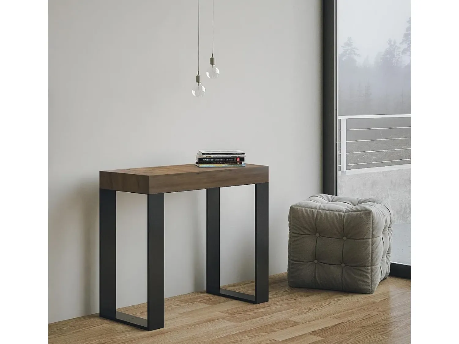Consola*ITAMOBY Mesa consola extensível 90x40/196 cm Tecno Small Nogueira quadro Antracite Natural escuro