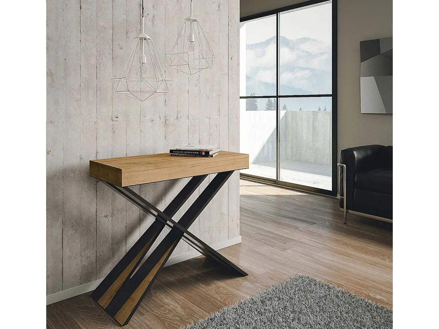 ITAMOBY Mesa consola extensível 90x40/196 cm Diago Small Premium Carvalho Natural quadro Antracite^ Consola