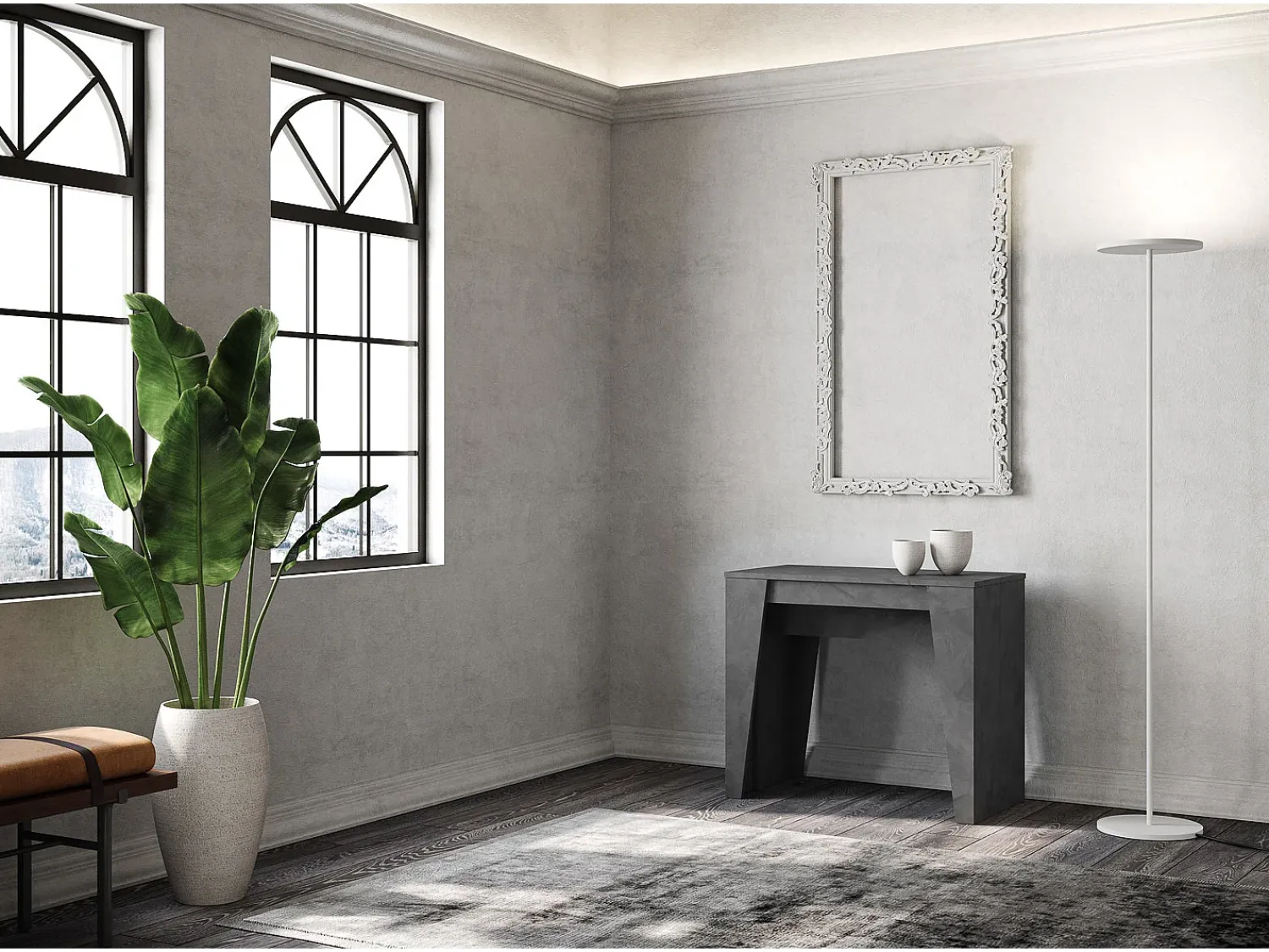 Consola*Ityhome Mesa consola extensível 90x48/308 cm Anvar antracite espatulado Cinzento