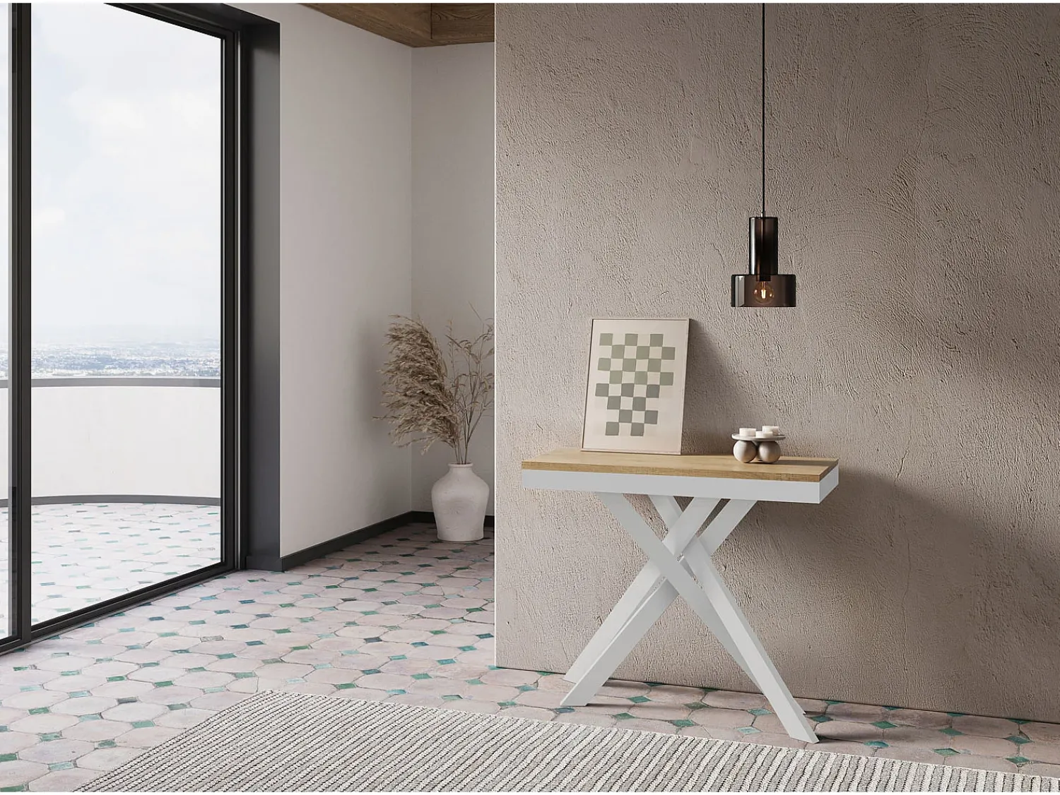 Consola|Ityhome Mesa consola extensível 90x40/300 cm Krack Evolution carvalho natural quadro branco Castanho