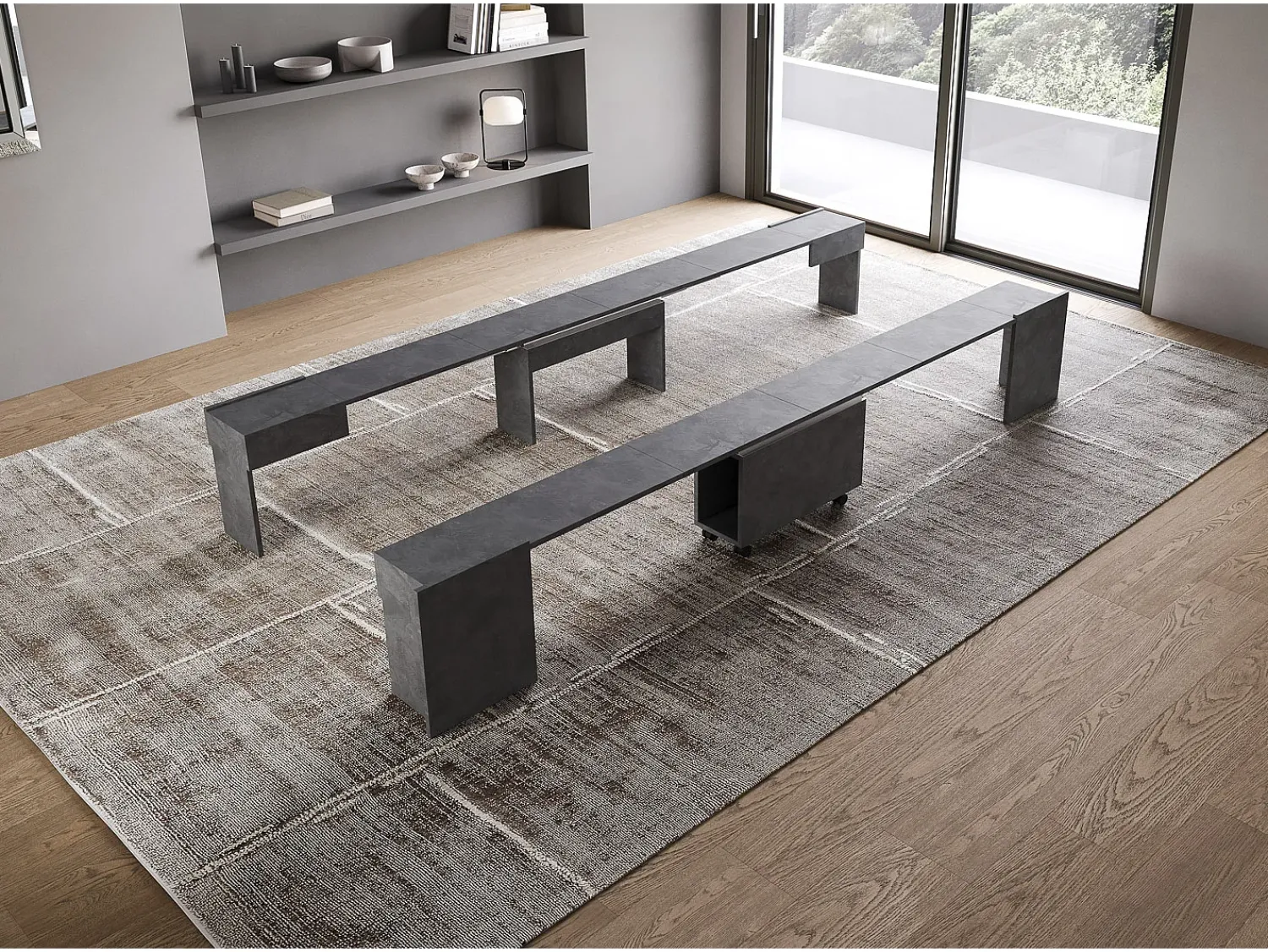 Sale ITAMOBY Mesa consola extensível 90x42/302 cm Evolve Antracite Espatulado extensões internas com banco inferior e superior Cinzento