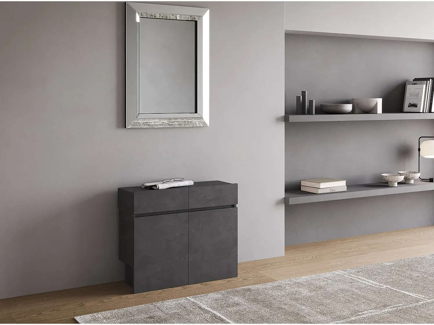 Sale ITAMOBY Mesa consola extensível 90x42/302 cm Evolve Antracite Espatulado extensões internas com banco inferior e superior Cinzento