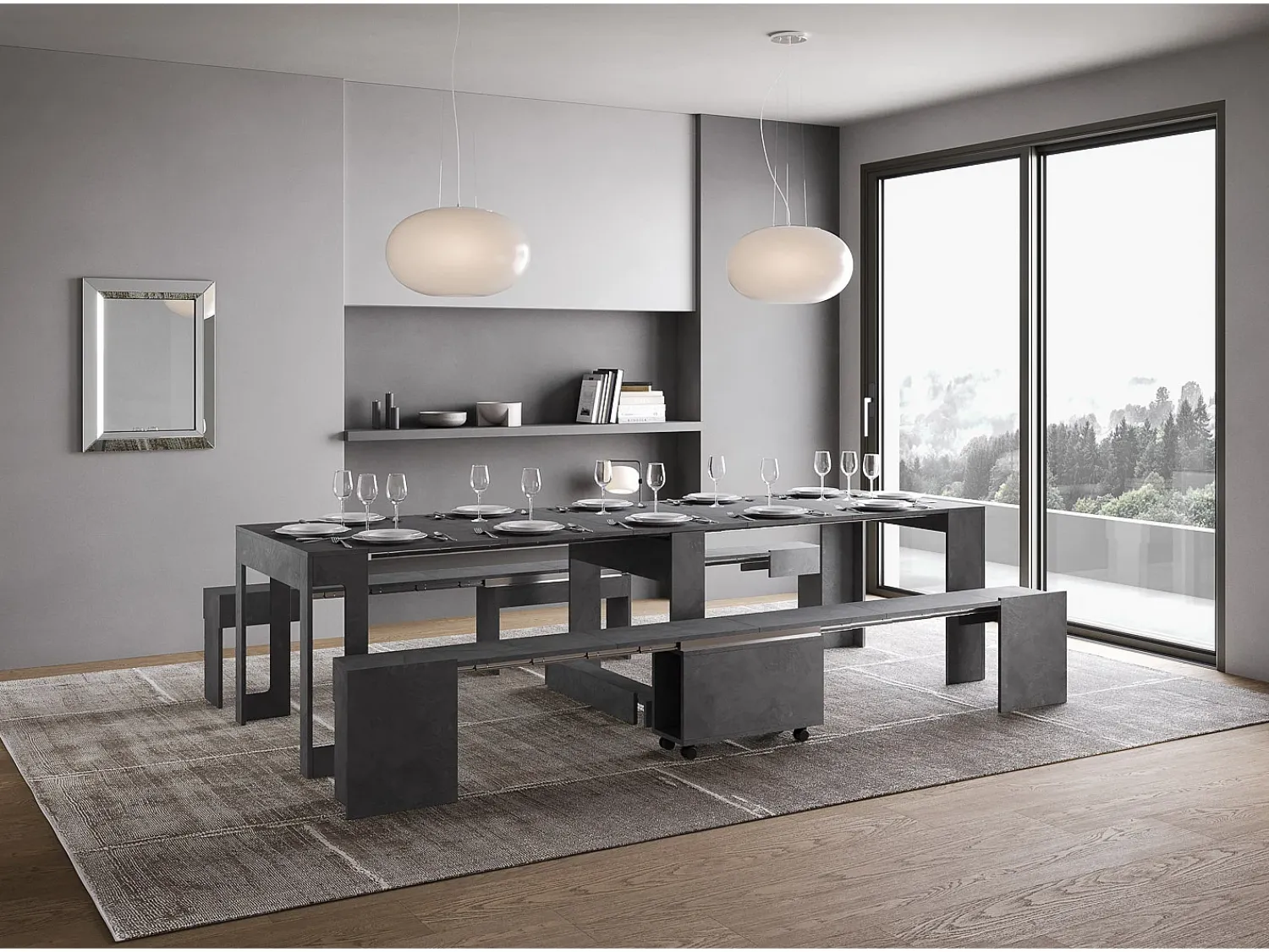 Sale ITAMOBY Mesa consola extensível 90x42/302 cm Evolve Antracite Espatulado extensões internas com banco inferior e superior Cinzento
