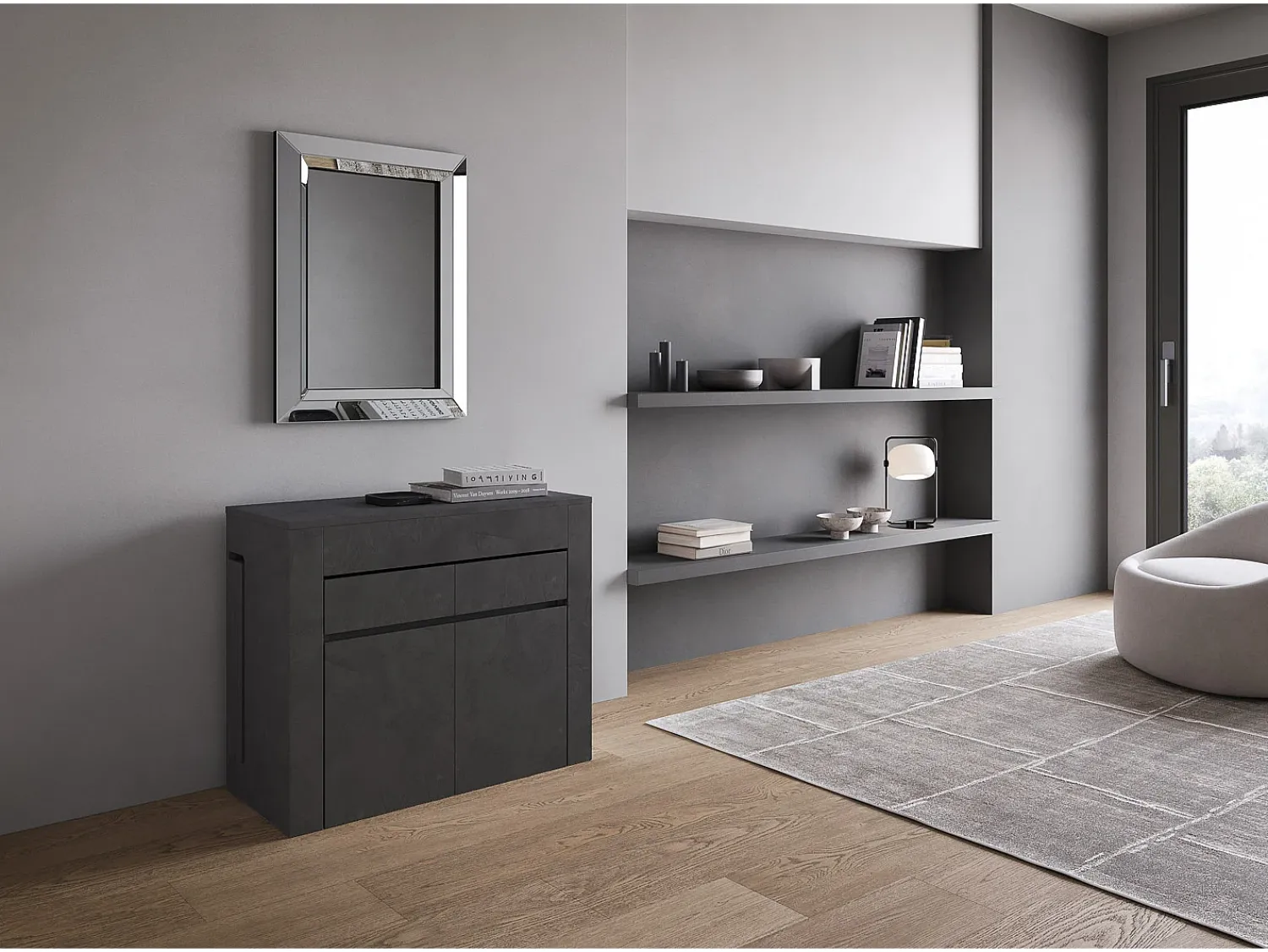 Sale ITAMOBY Mesa consola extensível 90x42/302 cm Evolve Antracite Espatulado extensões internas com banco inferior e superior Cinzento