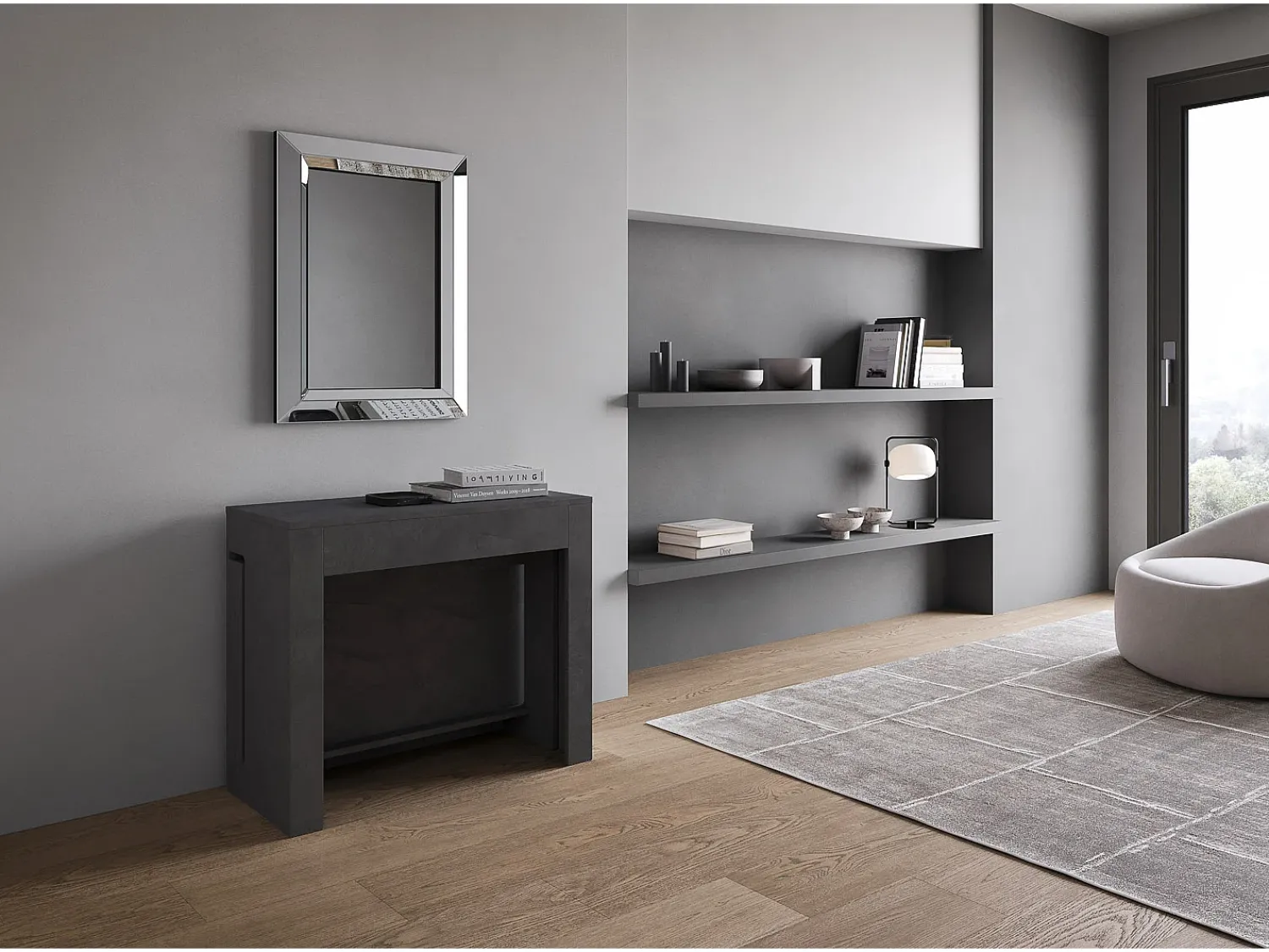 Sale ITAMOBY Mesa consola extensível 90x42/302 cm Evolve Antracite Espatulado extensões internas com banco inferior e superior Cinzento