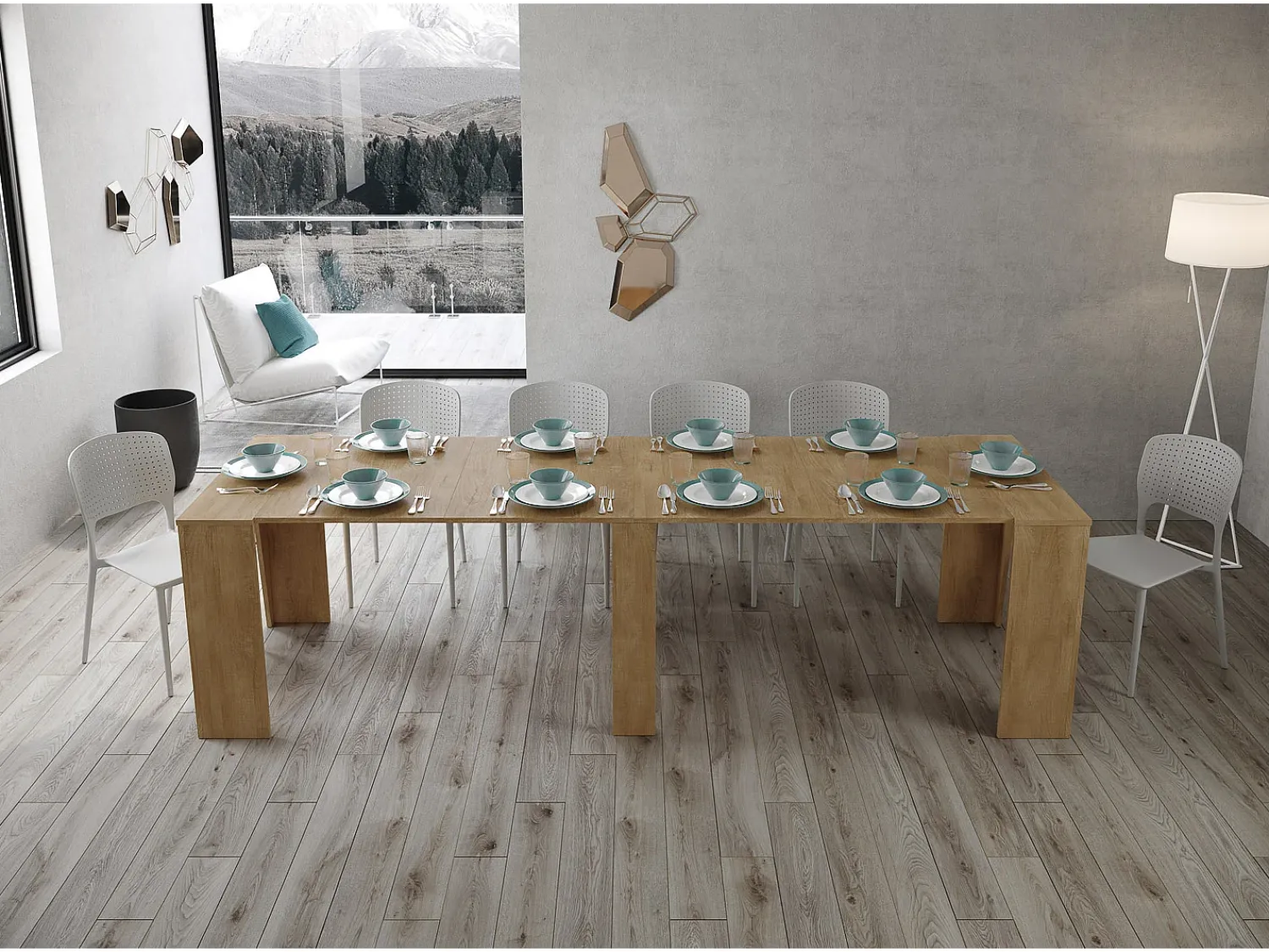 Consola*Ityhome Mesa consola extensível 90x48/296 cm Bakari carvalho natural Castanho