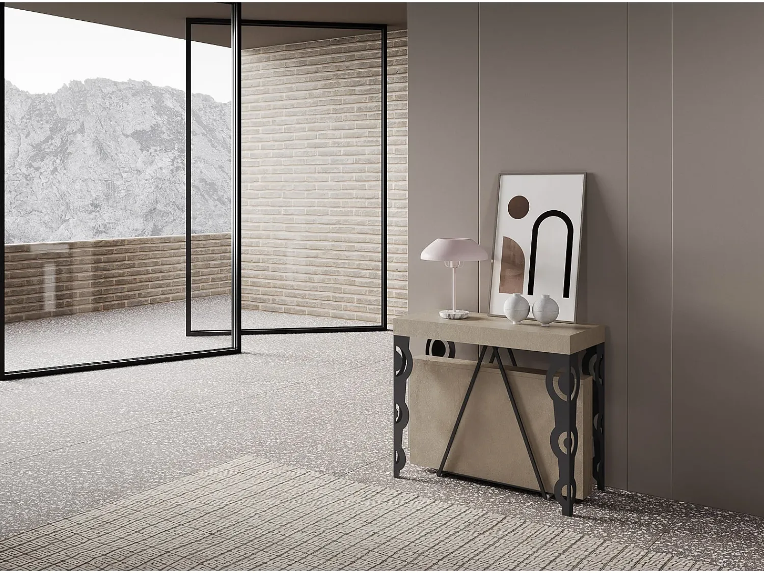 Consola*Ityhome Mesa consola extensível 90x40/196 cm Aceres Small caxemira quadro antracite Cinzento
