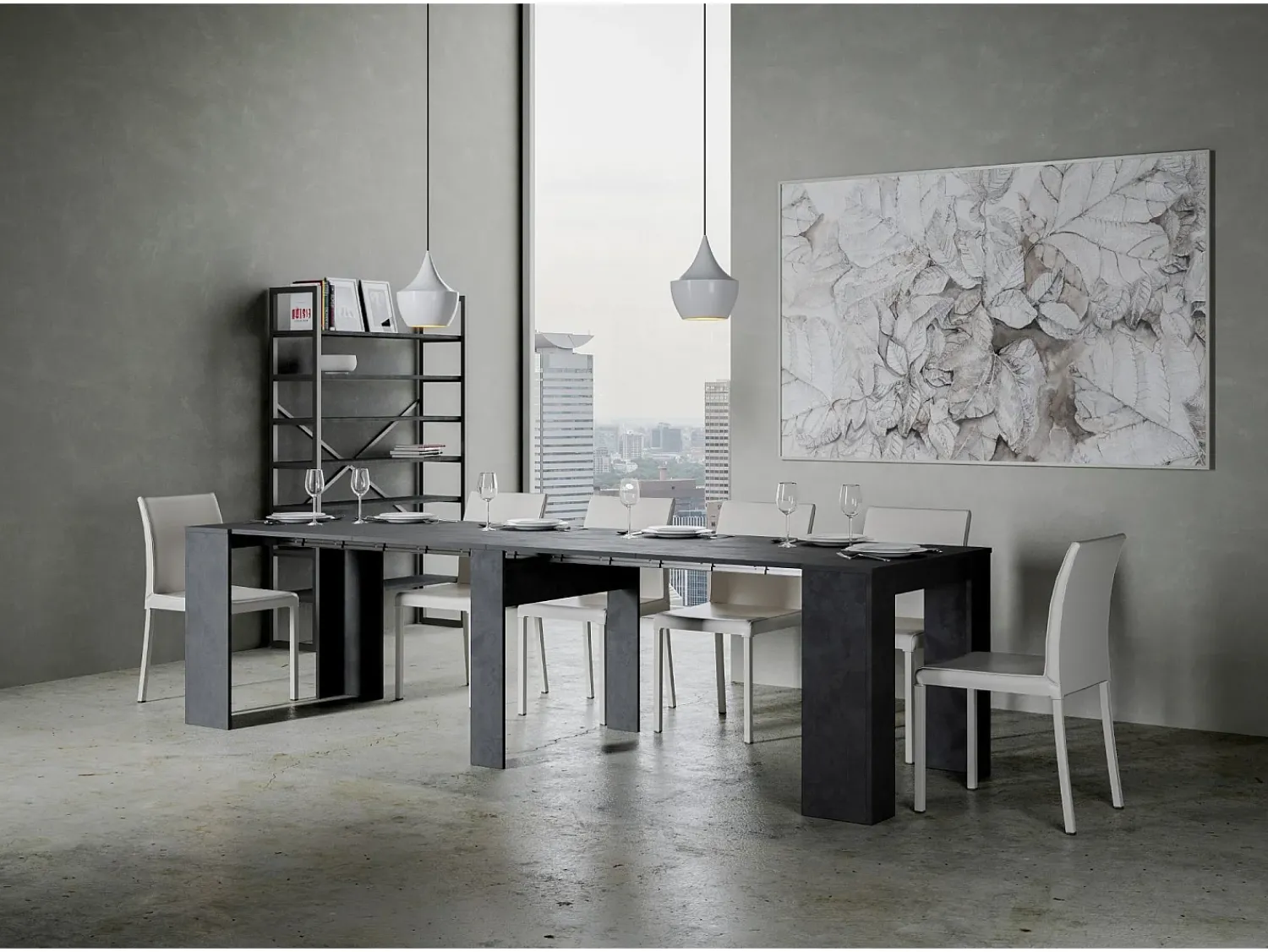 Outlet ITAMOBY Mesa consola extensível 90x48/296 cm Venus Antracite Espatulado extensões internas Cinzento