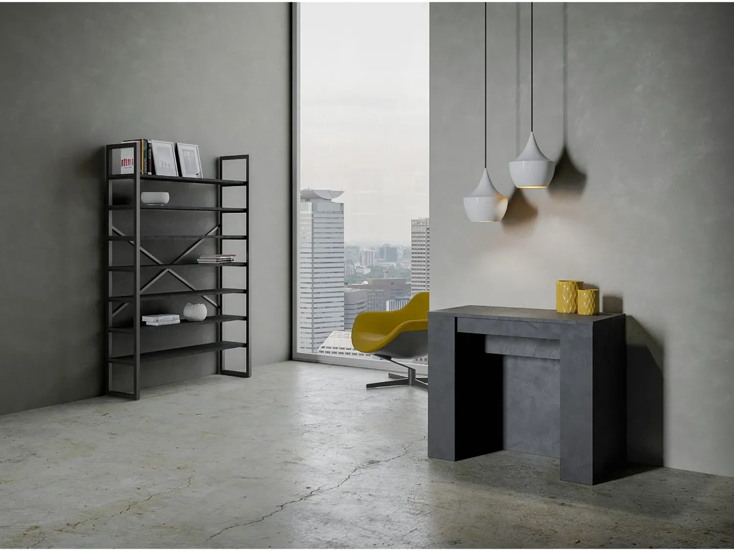 Outlet ITAMOBY Mesa consola extensível 90x48/296 cm Venus Antracite Espatulado extensões internas Cinzento