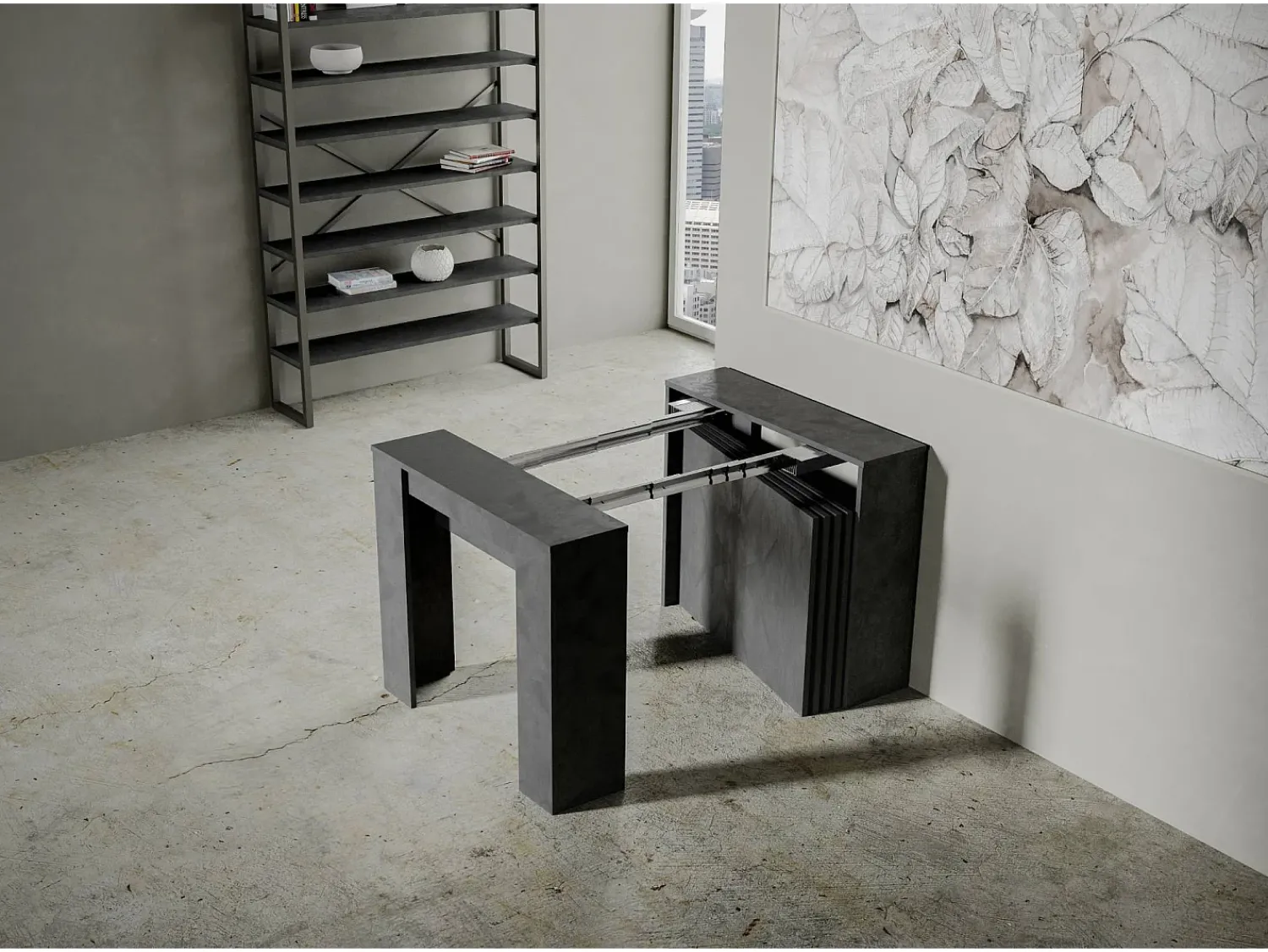 Outlet ITAMOBY Mesa consola extensível 90x48/296 cm Venus Antracite Espatulado extensões internas Cinzento
