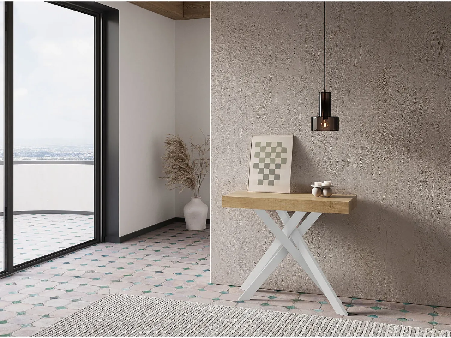 Consola|Ityhome Mesa consola extensível 90x40/300 cm Krack carvalho natural pernas brancas Castanho