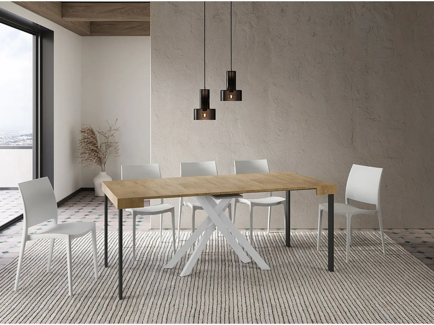 Consola|Ityhome Mesa consola extensível 90x40/300 cm Krack carvalho natural pernas brancas Castanho