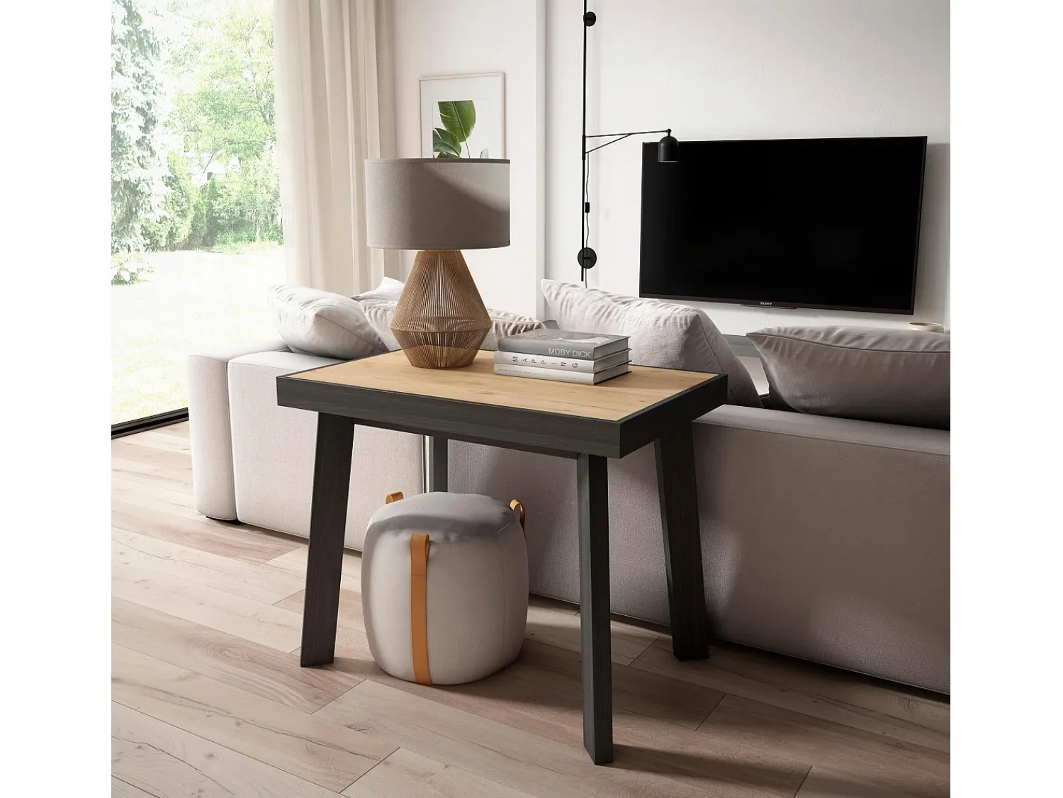 Consola|Skraut Home Mesa Consola Extensível, 140x90x73cm, Para 6 pessoas, Pés de madeira, Carvahlo e preto Natural claro
