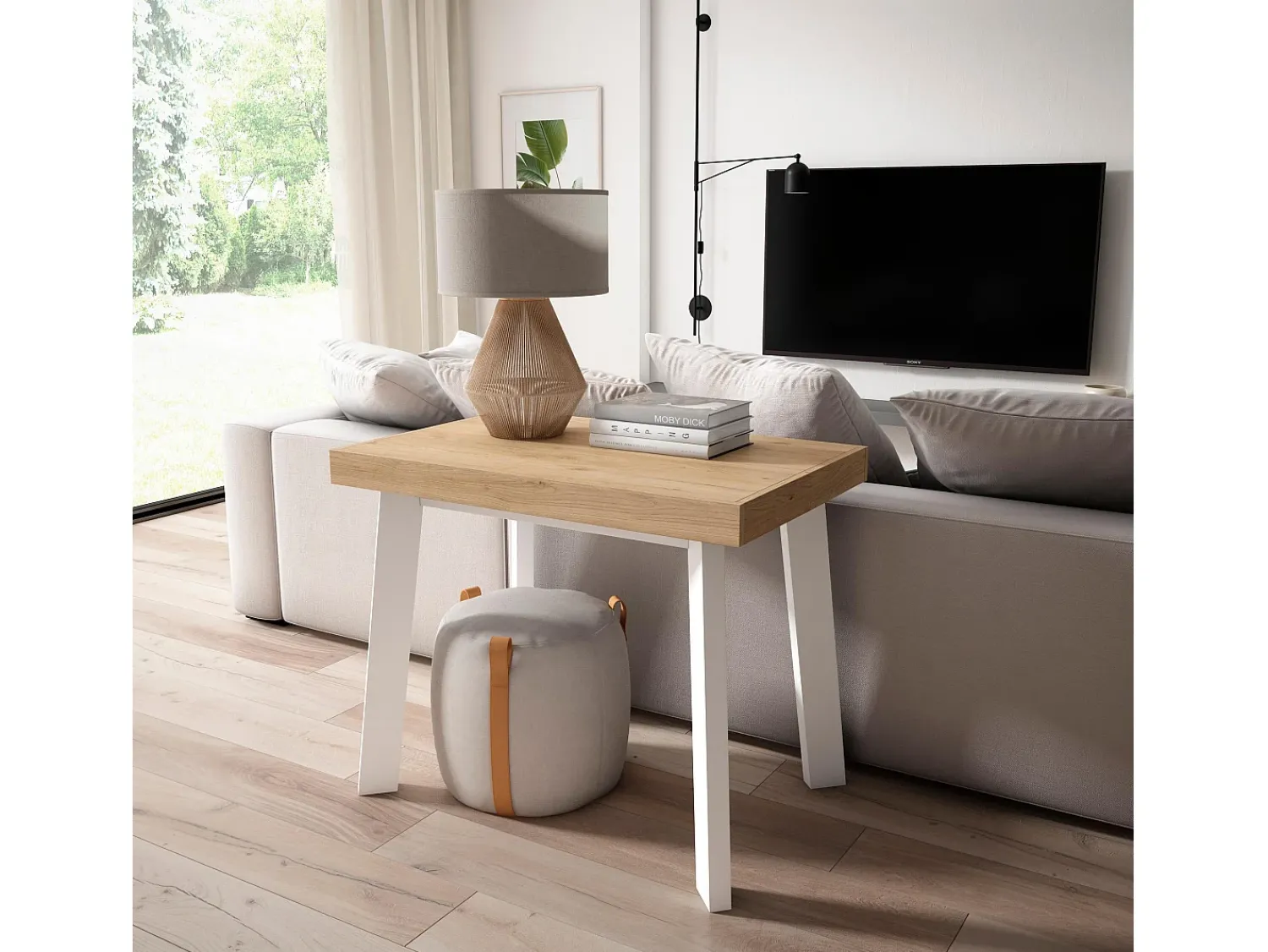 Consola*Skraut Home Mesa Consola Extensível, 160x90x73cm, Para 8 pessoas, Pés de madeira, Carvahlo e branco Natural claro