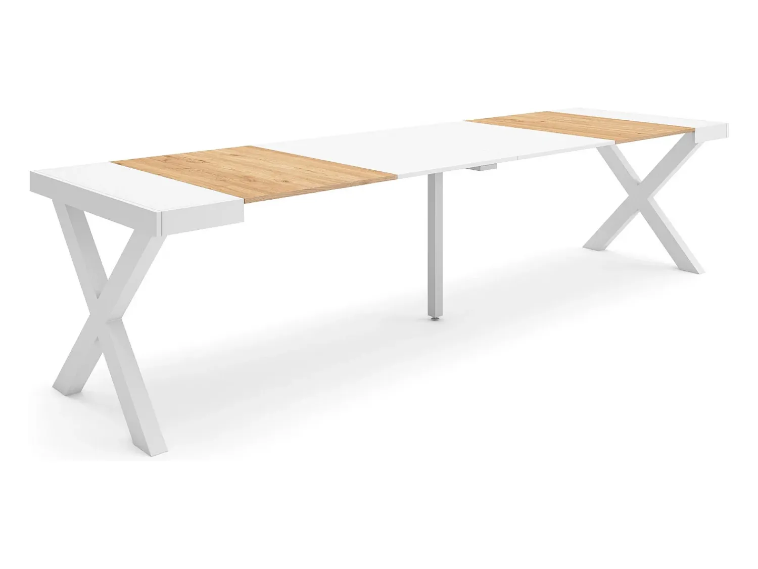 Consola|Skraut Home Mesa Consola Extensível, 302x90x73cm, Para 14 pessoas, Pés de madeira, Carvahlo e branco Natural claro