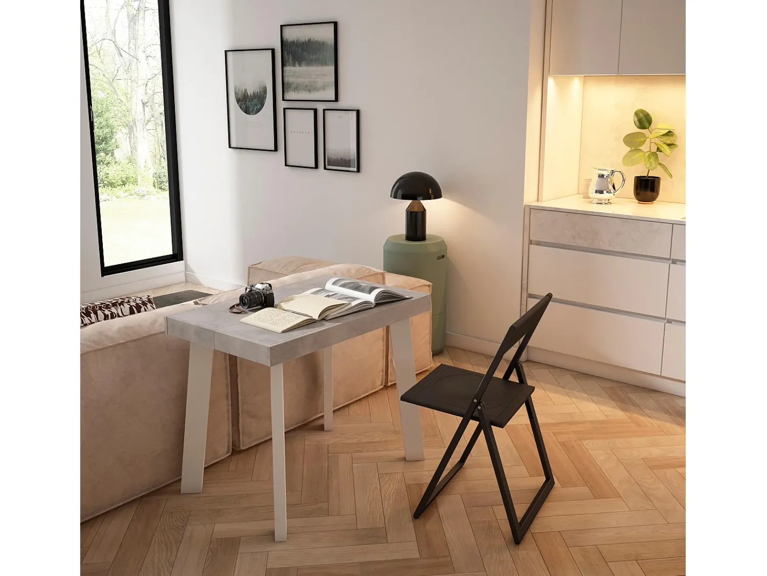 Consola*Skraut Home Mesa Consola Extensível, 302x90x73cm, Para 14 pessoas, Pés de madeira, e cinzento Branco