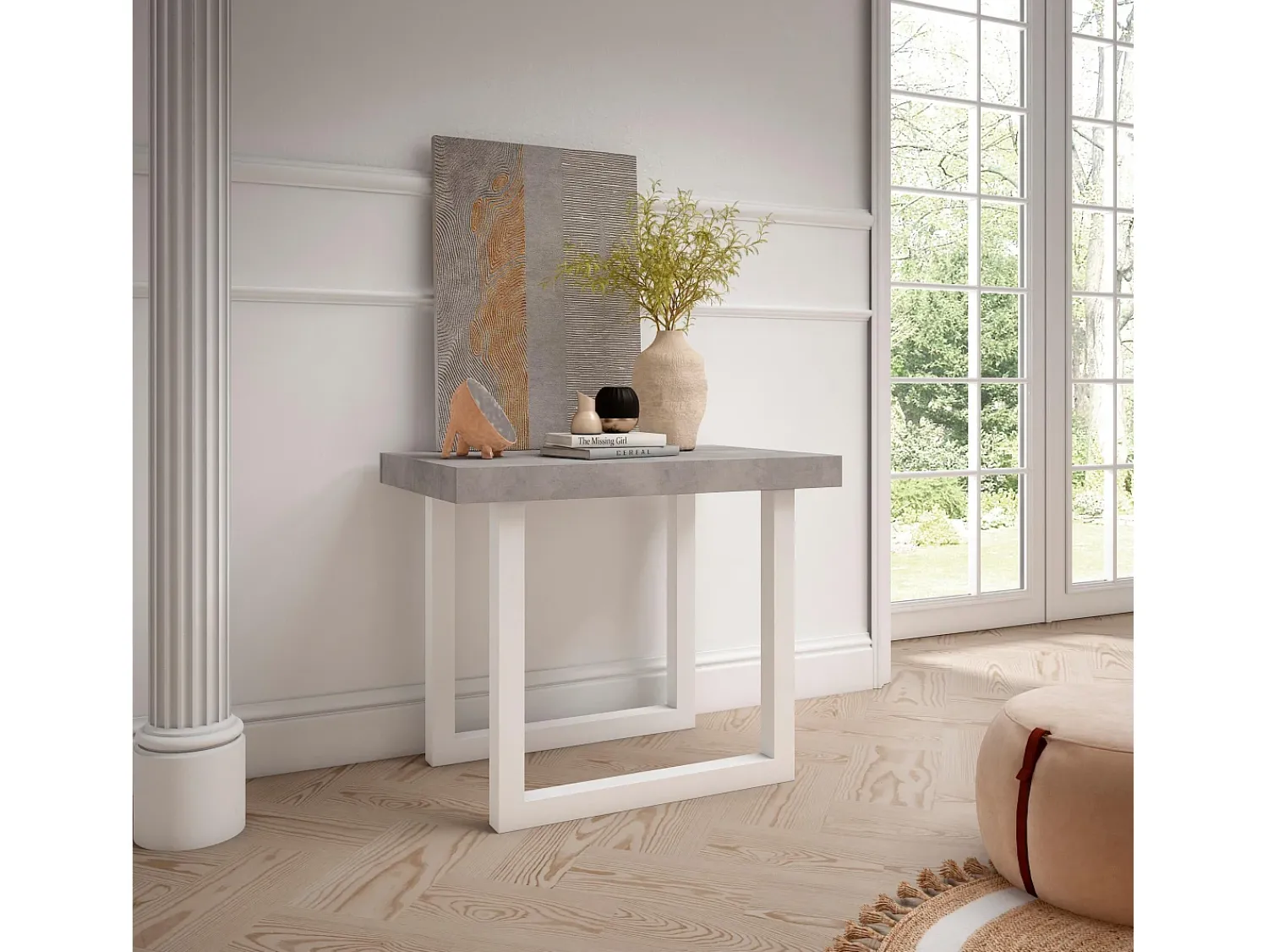 Best Skraut Home Mesa Consola Extensível, 262x90x73cm, Para 12 pessoas, Pés de madeira, Cimento Cinzento
