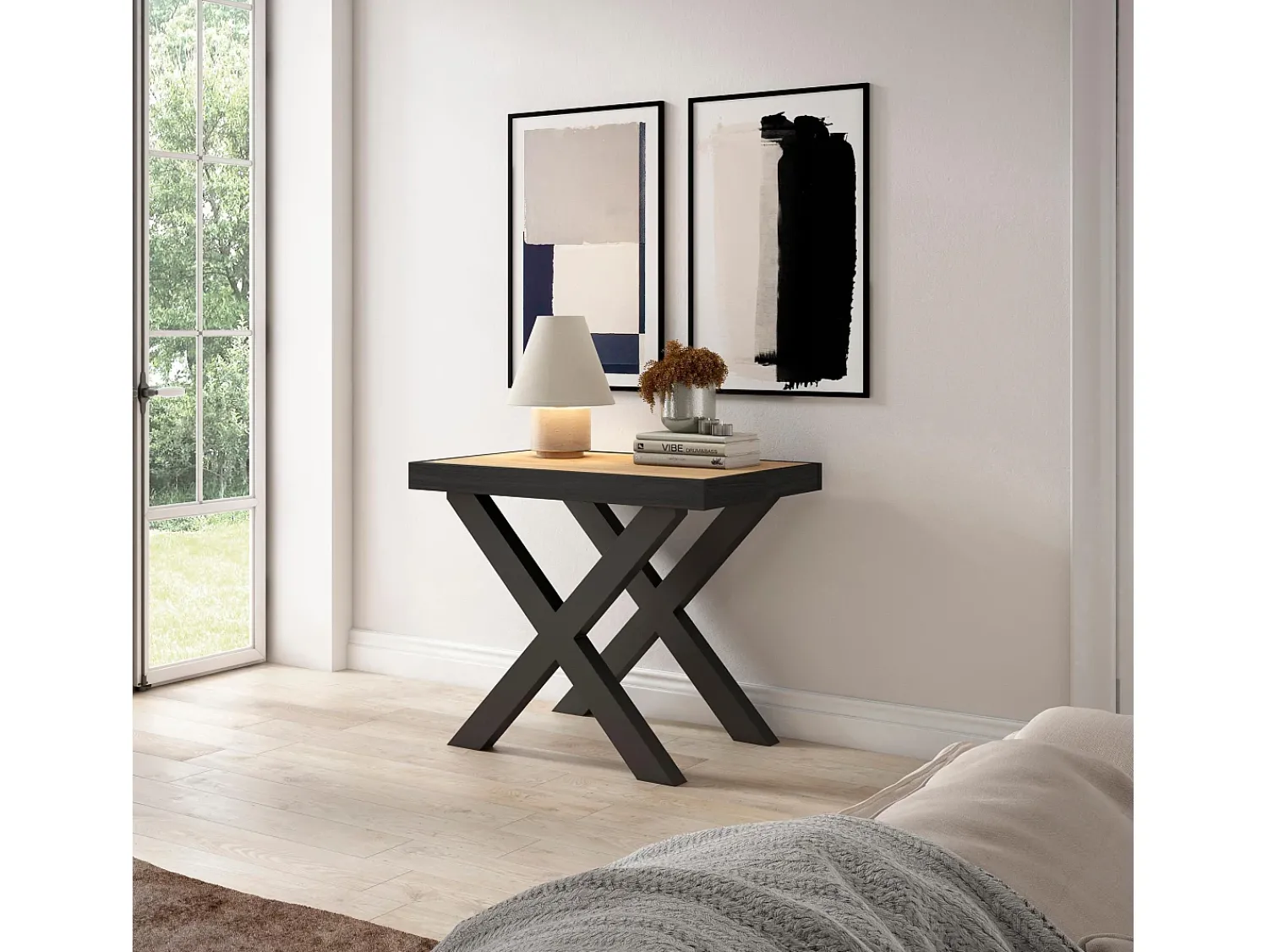 Consola*Skraut Home Mesa Consola Extensível, 222x90x73cm, Para 10 pessoas, Pés de madeira, Carvahlo e preto Natural claro