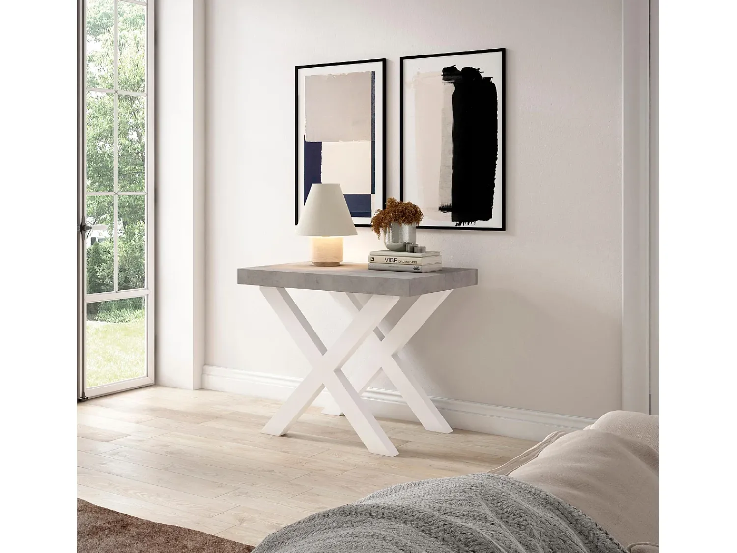 Sale Skraut Home Mesa Consola Extensível, 222x90x73cm, Para 10 pessoas, Pés de madeira, Cimento Cinzento