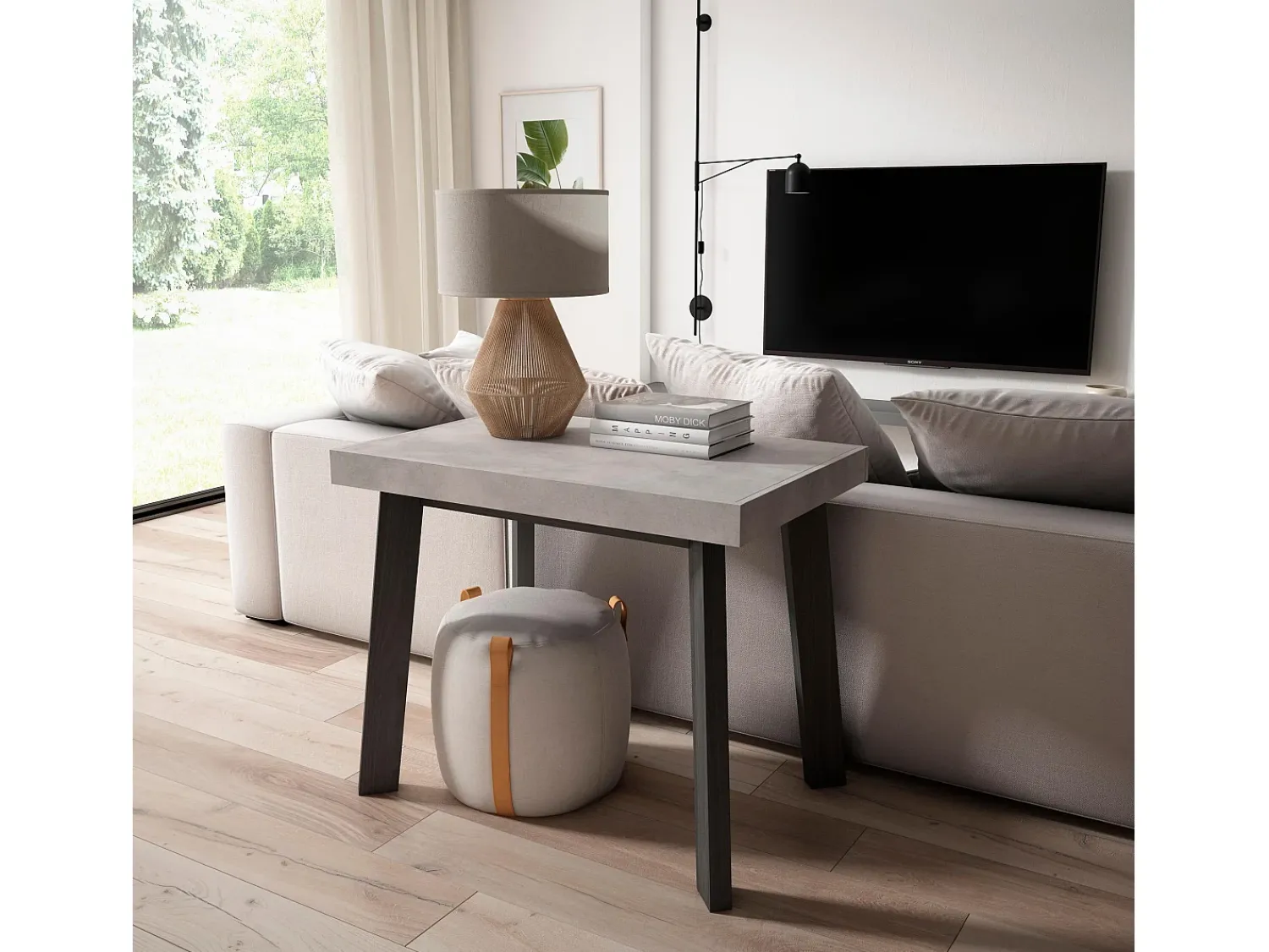 Consola|Skraut Home Mesa Consola Extensível, 160x90x73cm, Para 8 pessoas, Pés de madeira, Cimento Cinzento