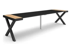 Skraut Home Mesa Consola Extensível, 302x90x73cm, Para 14 pessoas, Pés de madeira, Carvahlo e preto Natural claro