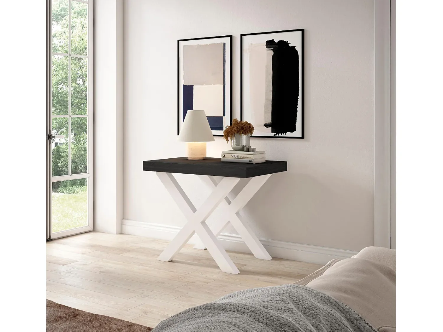Online Skraut Home Mesa Consola Extensível, 302x90x73cm, Para 14 pessoas, Pés de madeira, Preto
