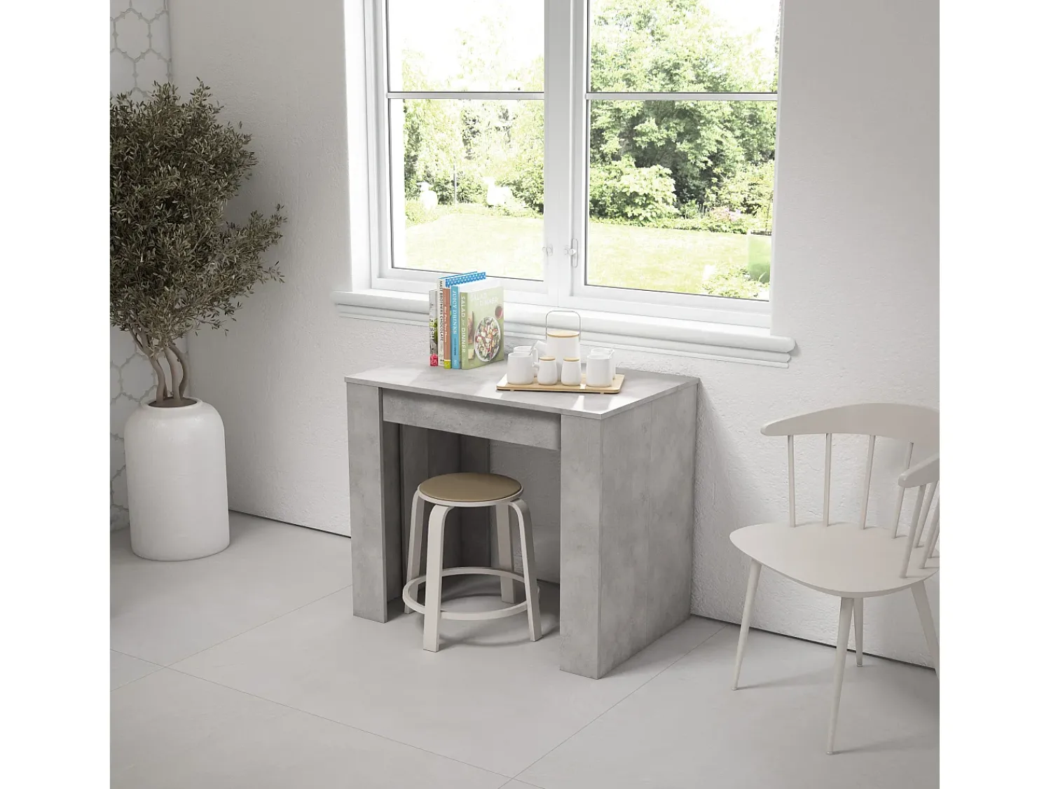 Consola*Skraut Home Mesa Consola Extensível, 302x90x77cm, Para 14 pessoas, Mesa de Jantar, Cimento Cinzento