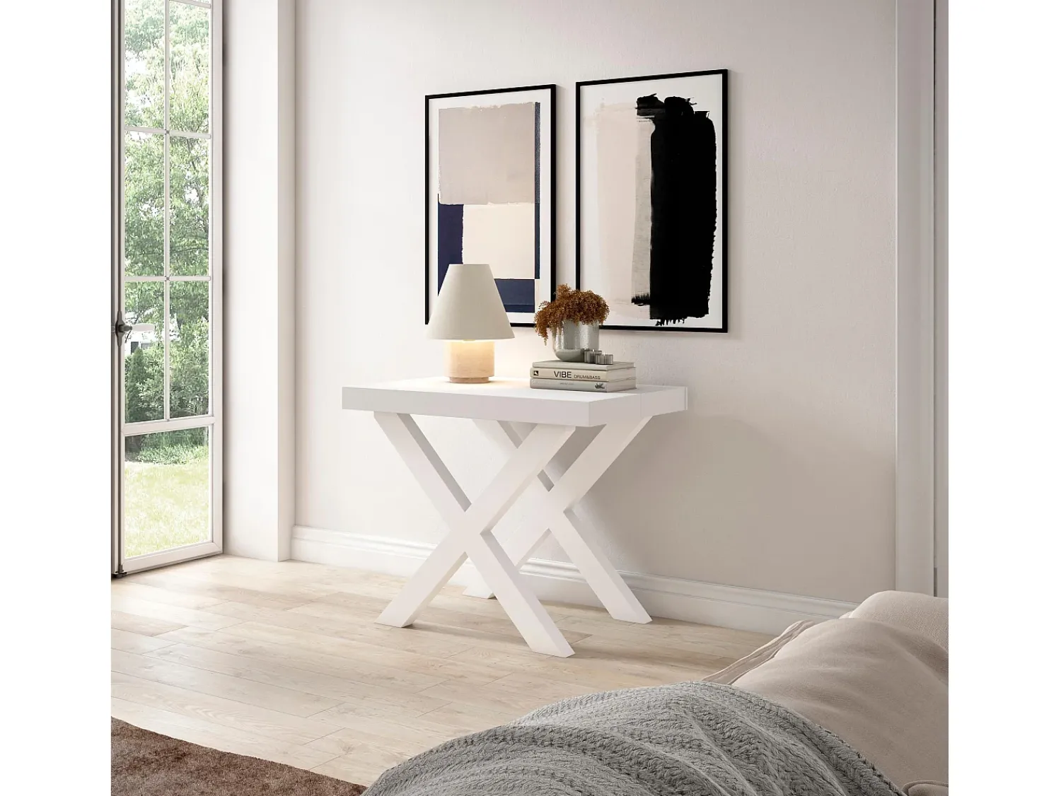 Consola*Skraut Home Mesa Consola Extensível, 262x90x73cm, Para 12 pessoas, Pés de madeira, e cinzento Branco