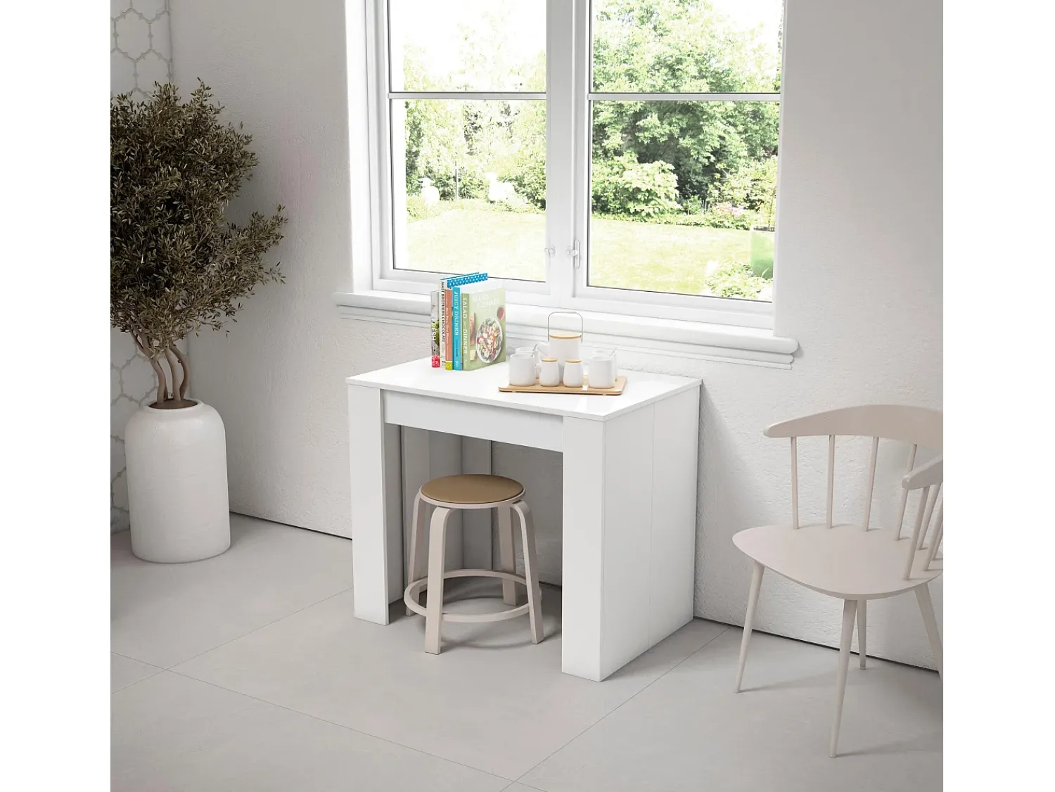 Consola*Skraut Home Mesa Consola Extensível, 302x90x77cm, Para 14 pessoas, Mesa de Jantar, Branco