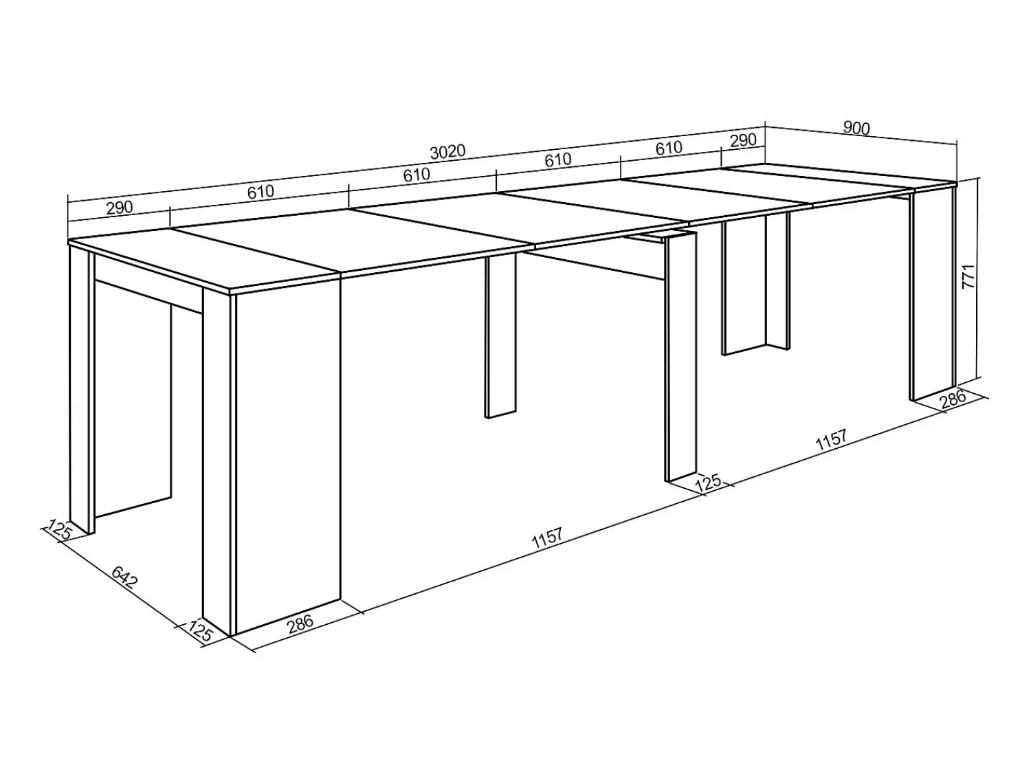 Consola*Skraut Home Mesa Consola Extensível, 302x90x77cm, Para 14 pessoas, Mesa de Jantar, Branco