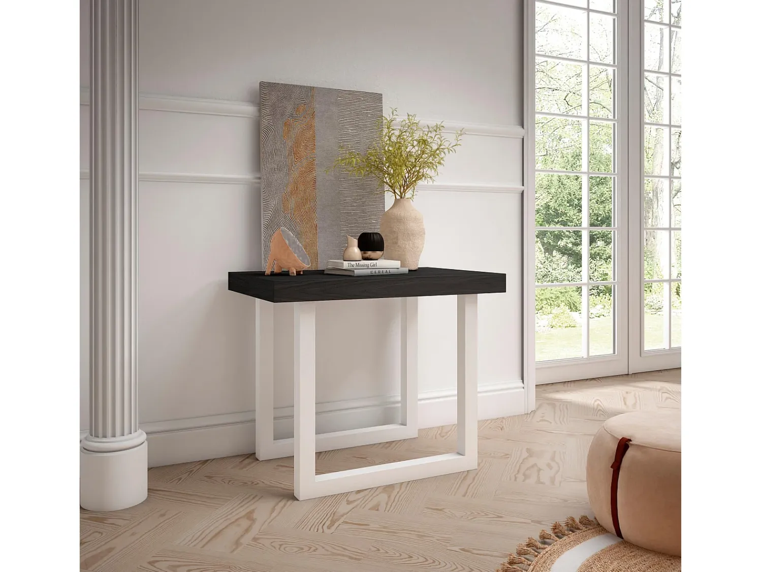 Consola*Skraut Home Mesa Consola Extensível, 222x90x73cm, Para 10 pessoas, Pés de madeira, Preto
