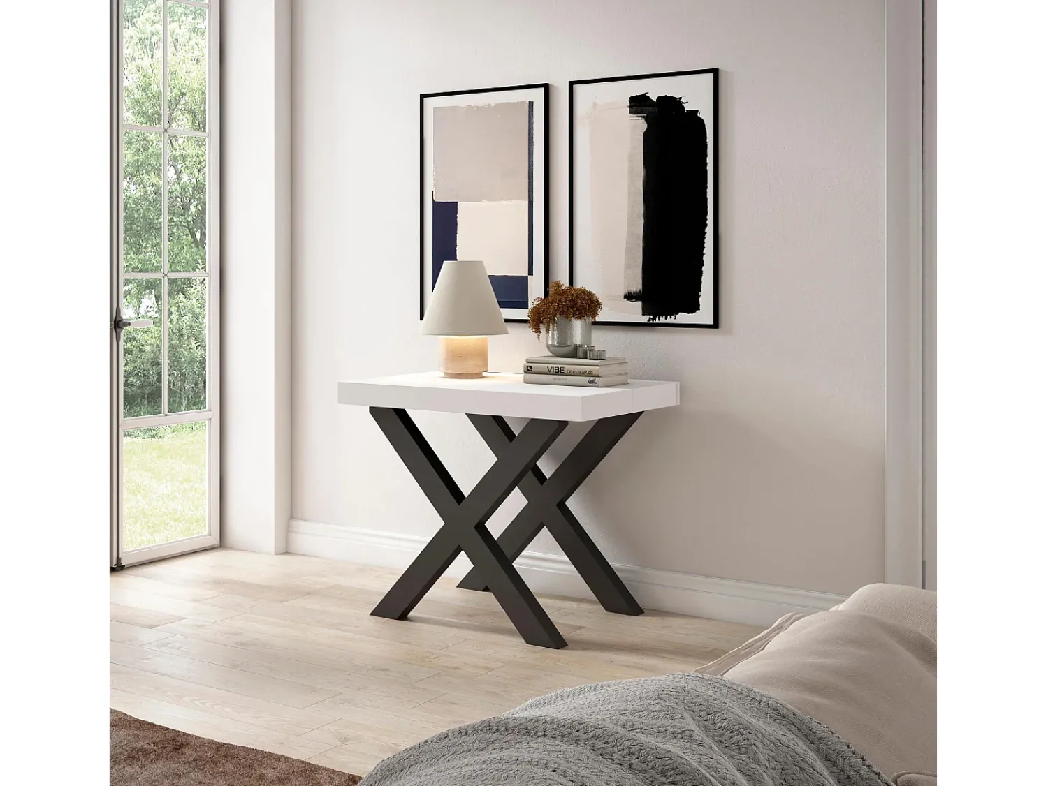 Consola|Skraut Home Mesa Consola Extensível, 222x90x73cm, Para 10 pessoas, Pés de madeira, Branco