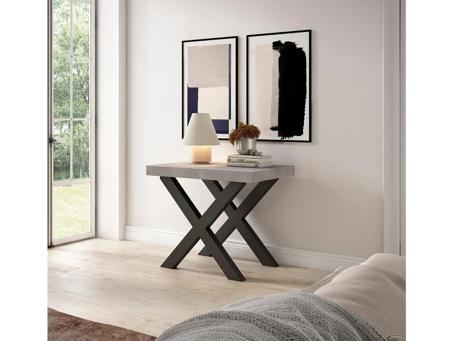 Consola|Skraut Home Mesa Consola Extensível, 302x90x73cm, Para 14 pessoas, Pés de madeira, Cimento Cinzento