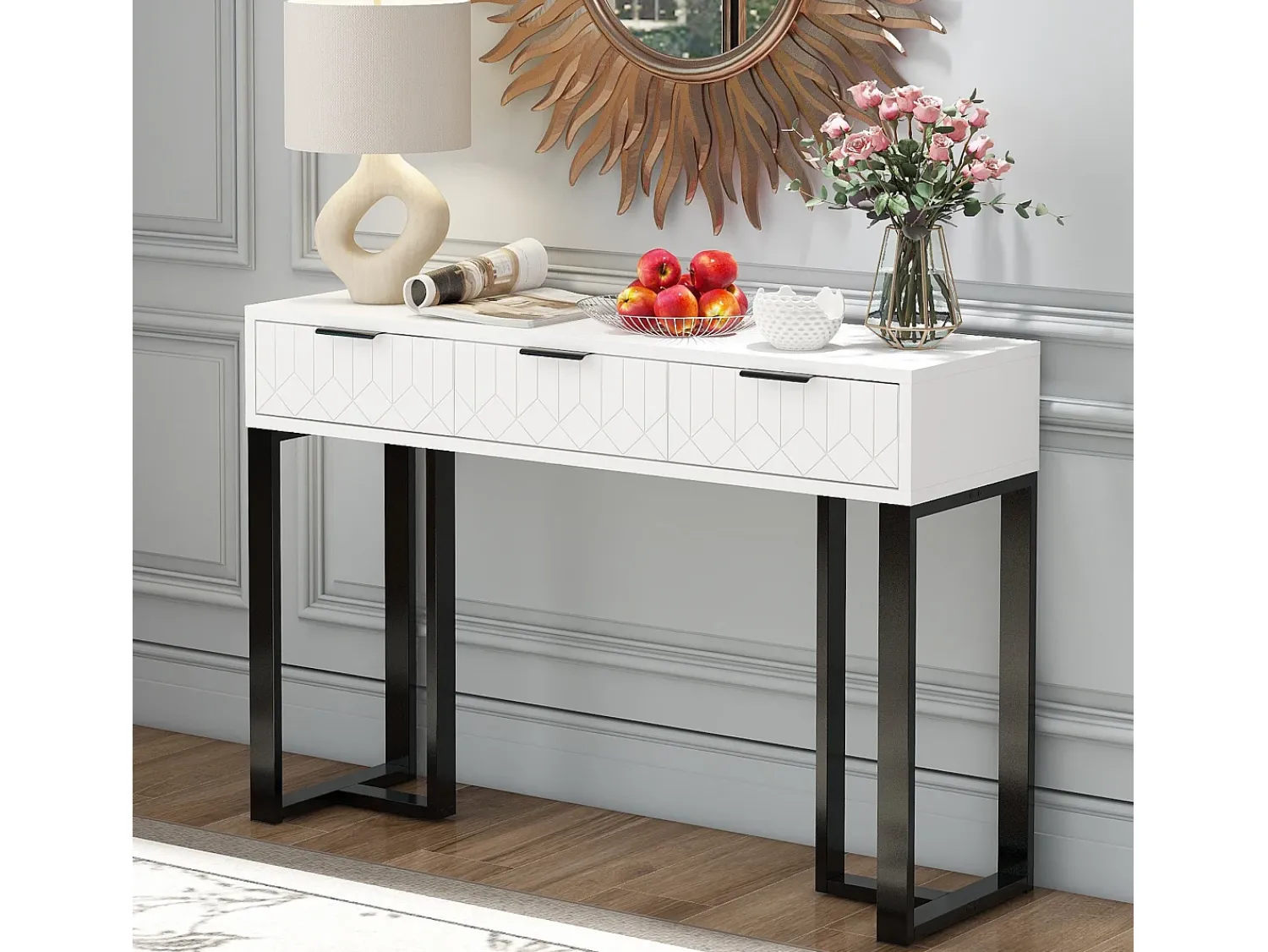 Consola*ModernLuxe Mesa consola moderna, com 2 gavetas, pés ajustáveis, Branco e Preto Preto / Branco