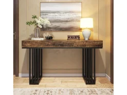 Consola*Tribesigns Mesa consola para entrada, mesa consola para entrada no corredor com estrutura metálica em estilo industrial elegante, mesa consola de madeira para sala de estar, entrada, corredor (140 cm, ) Castanho