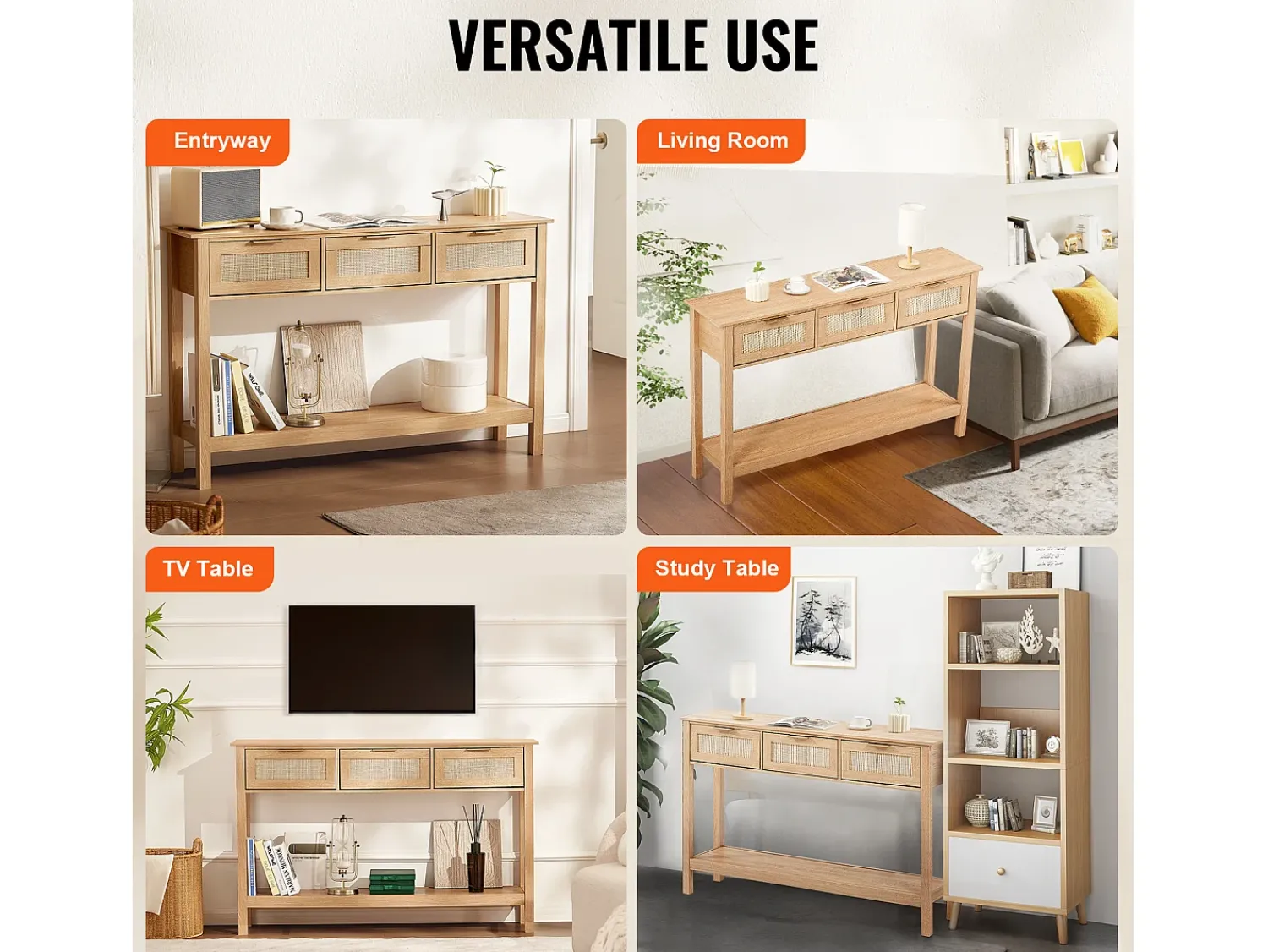 Consola| Mesa Consola SucceBuy Routine com 3 Gavetas e porta de Correr, Acabamento Natural Bege
