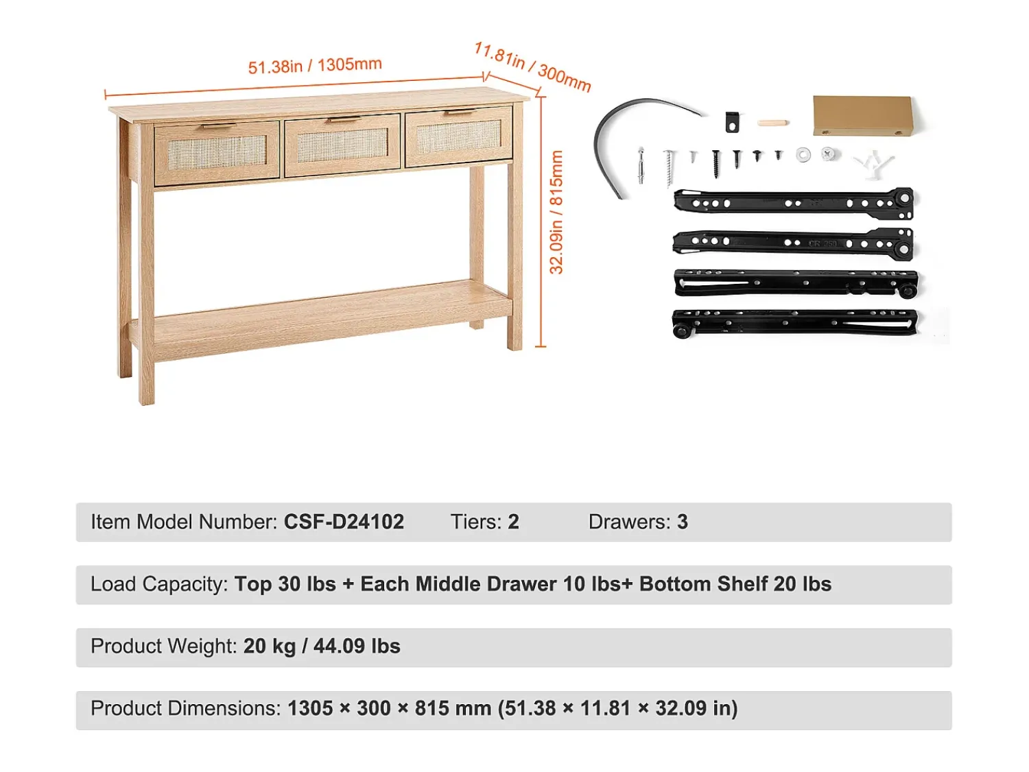 Consola| Mesa Consola SucceBuy Routine com 3 Gavetas e porta de Correr, Acabamento Natural Bege