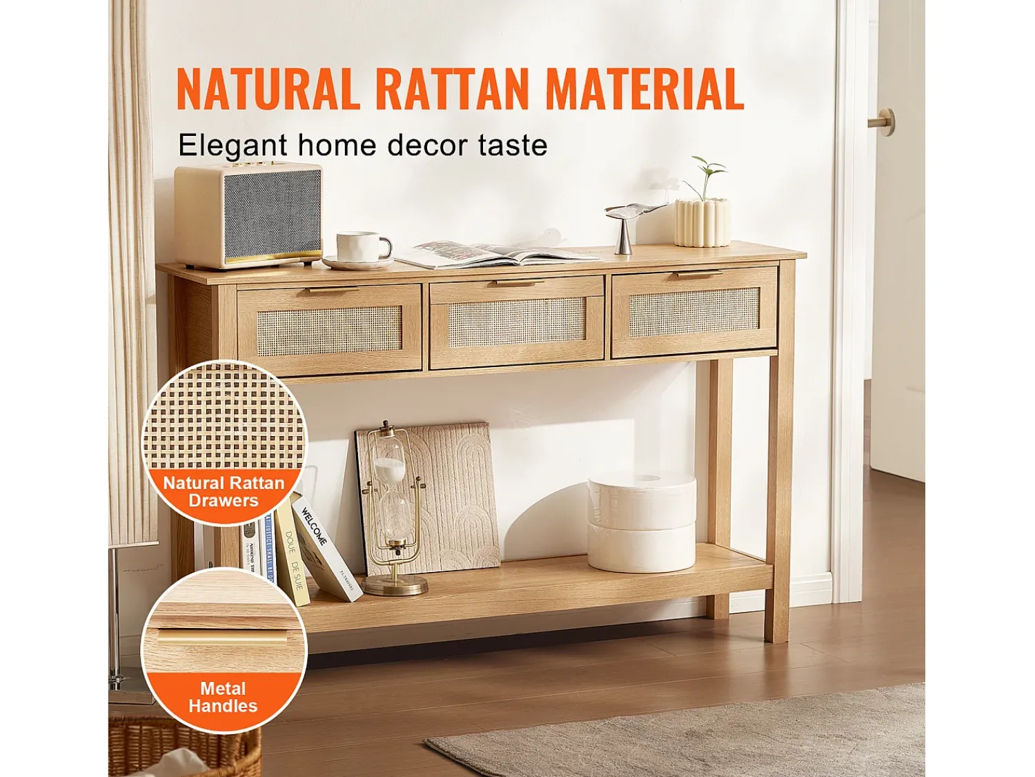 Consola| Mesa Consola SucceBuy Routine com 3 Gavetas e porta de Correr, Acabamento Natural Bege