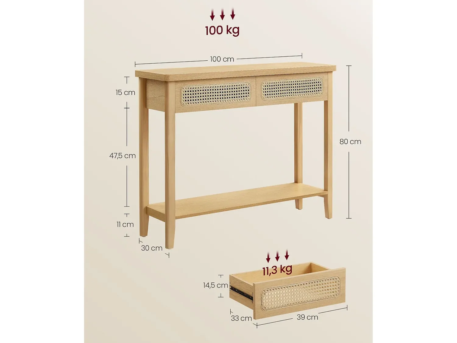 Consola| Mesa Consola 100x30x80 cm Carvalho Bege