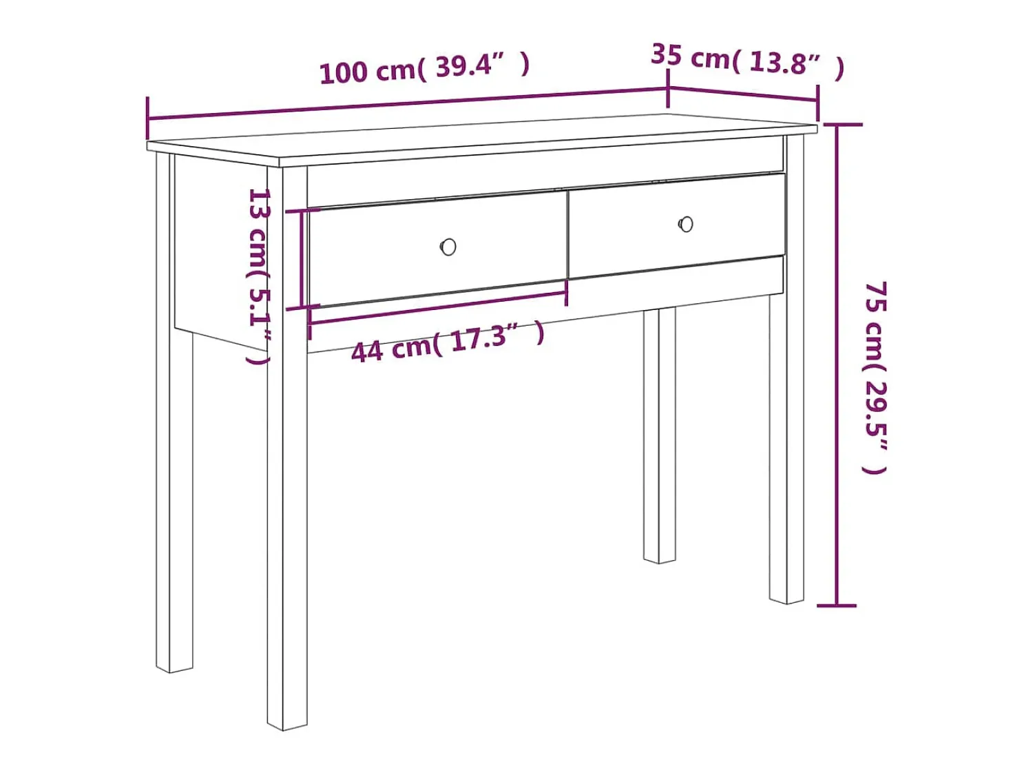 Consola*vidaxl Mesa consola 100x35x75 cm madeira de pinho maciço Castanho