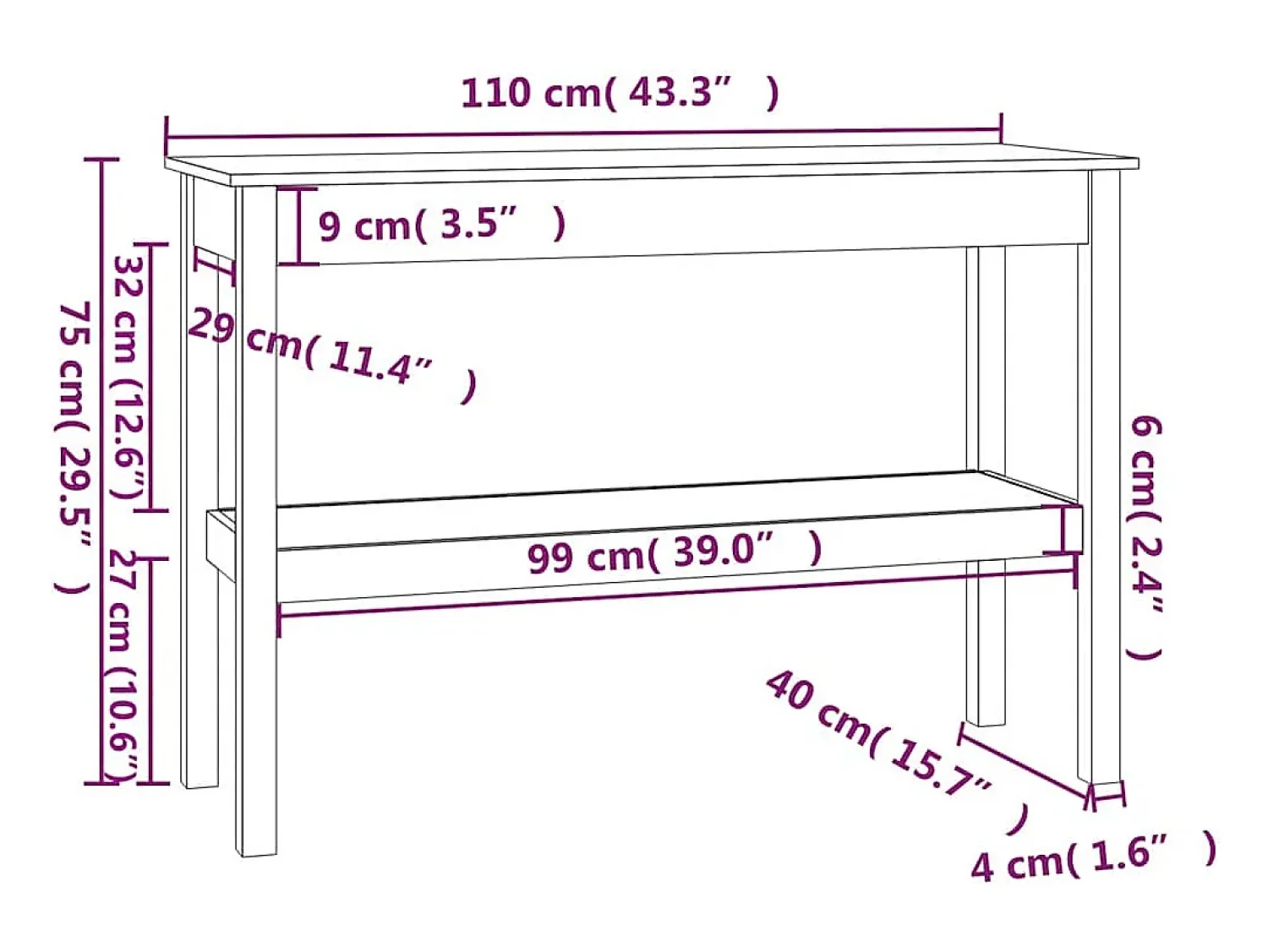 Consola*vidaxl Mesa consola 110x40x75 cm pinho maciço Branco